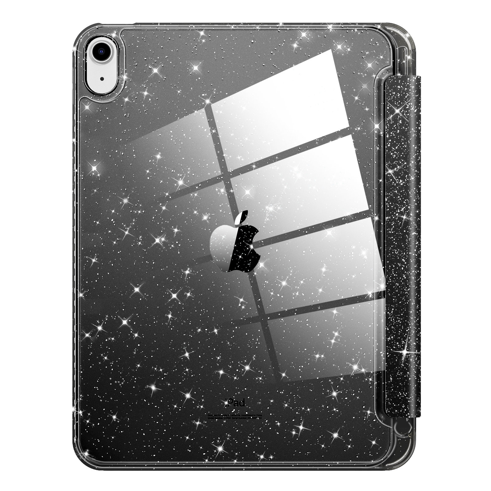 Tablet mit schwarzer Glitzerhülle. Die Rückseite zeigt das Apple-Logo. Die Hülle hat einen Halter.