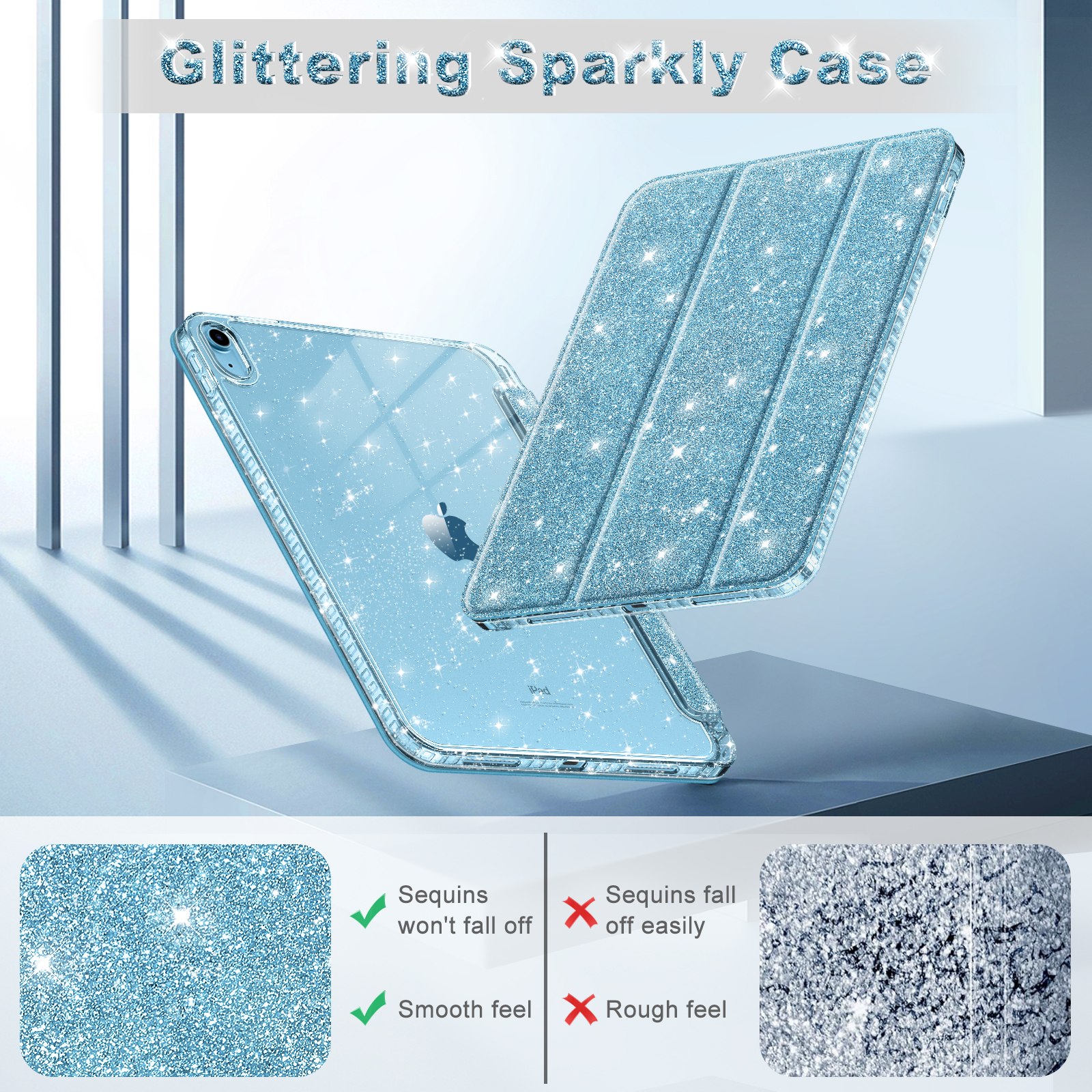 Tablet mit blauer Glitzerhülle. Das Bild zeigt Details der Hülle. Die Hülle hat eine glatte und glitzernde Textur.