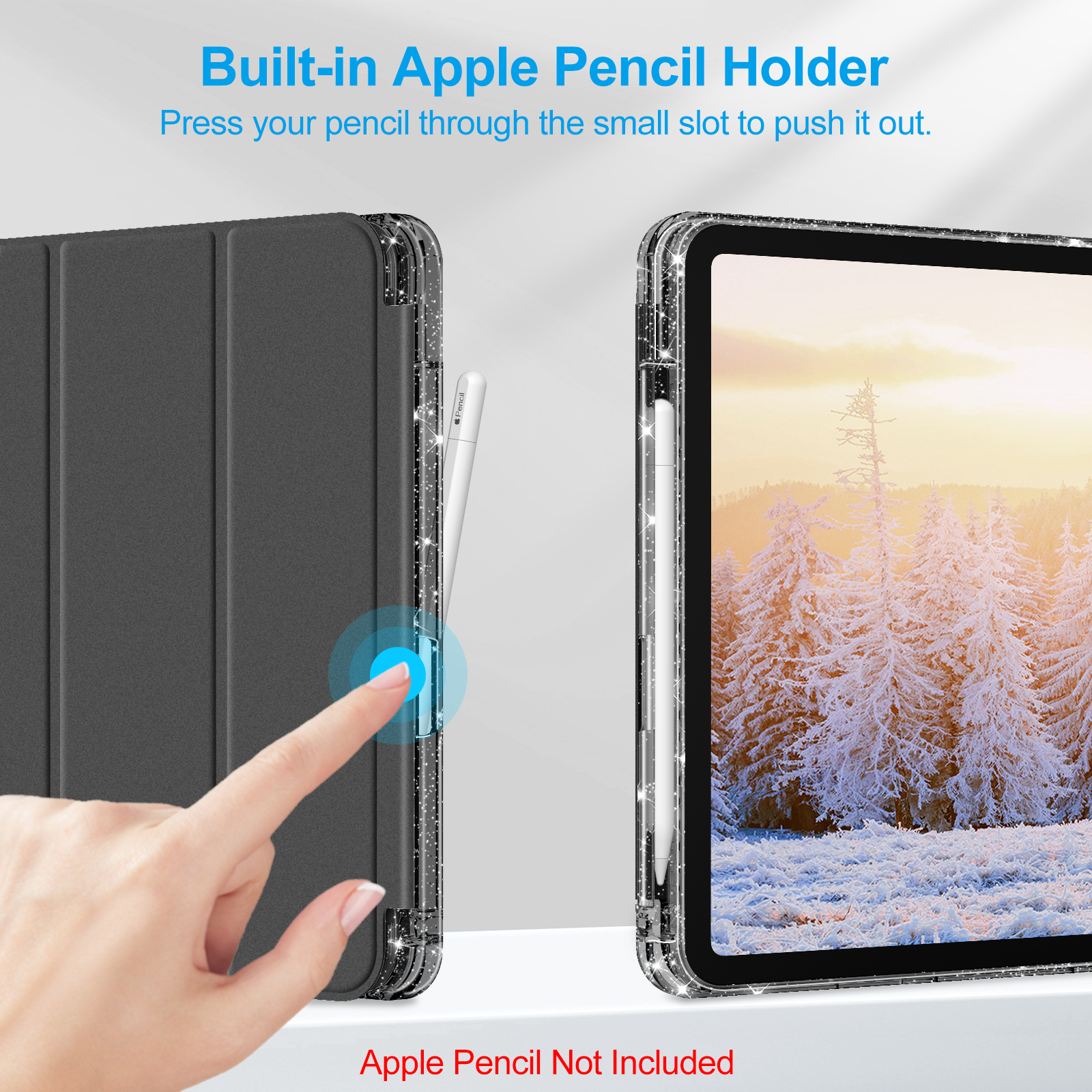 Eine schwarze iPad-Hülle mit einem Apple-Stifthalter. Eine Hand berührt die Hülle. Der Hintergrund hat eine Winterszene.