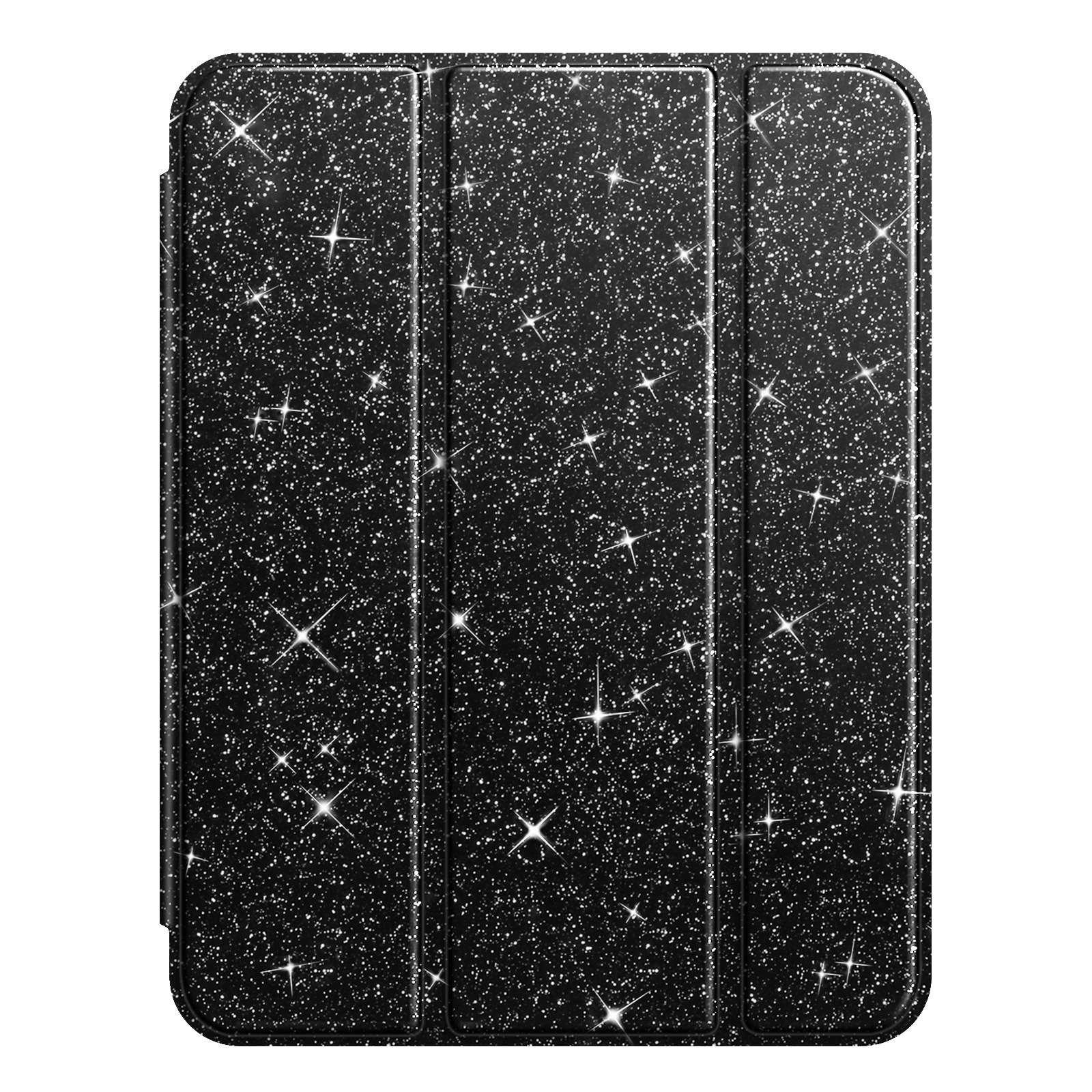 Schwarze Tablet-Hülle mit Glitzer. Die Hülle ist geschlossen und rechteckig. Die Oberfläche ist mit Glitzer bedeckt.