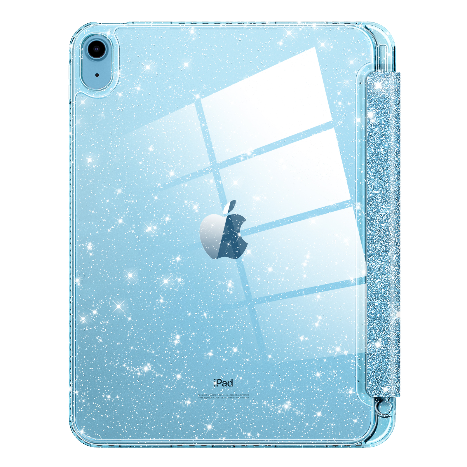 Eine blaue Tablet-Hülle mit Glitzer. Die Rückseite ist transparent und zeigt das iPad. Auch mit Stifthalter.