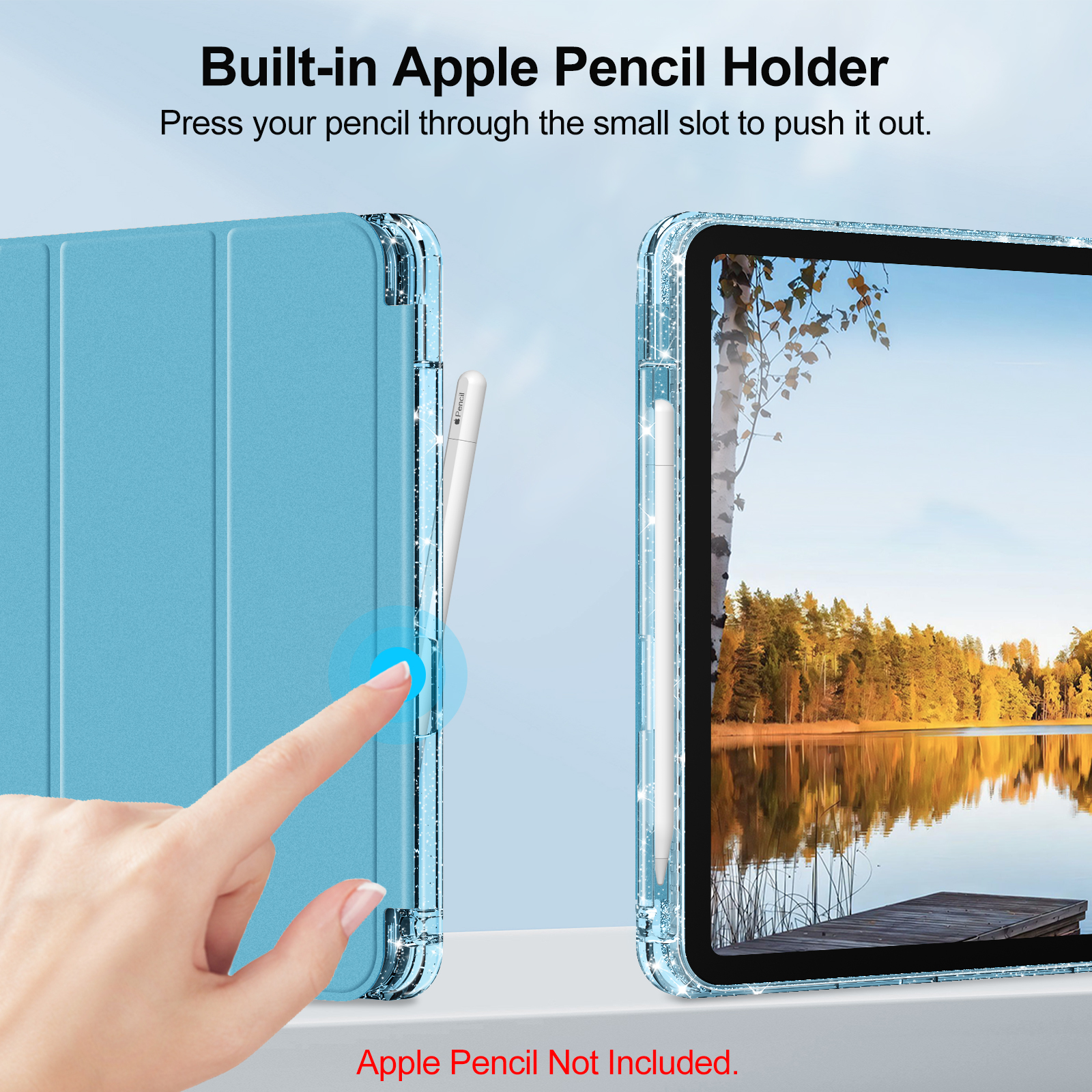Eine iPad-Hülle mit einem Apple-Stifthalter. Die Hülle ist blau und der Hintergrund ist eine Landschaftsszene.