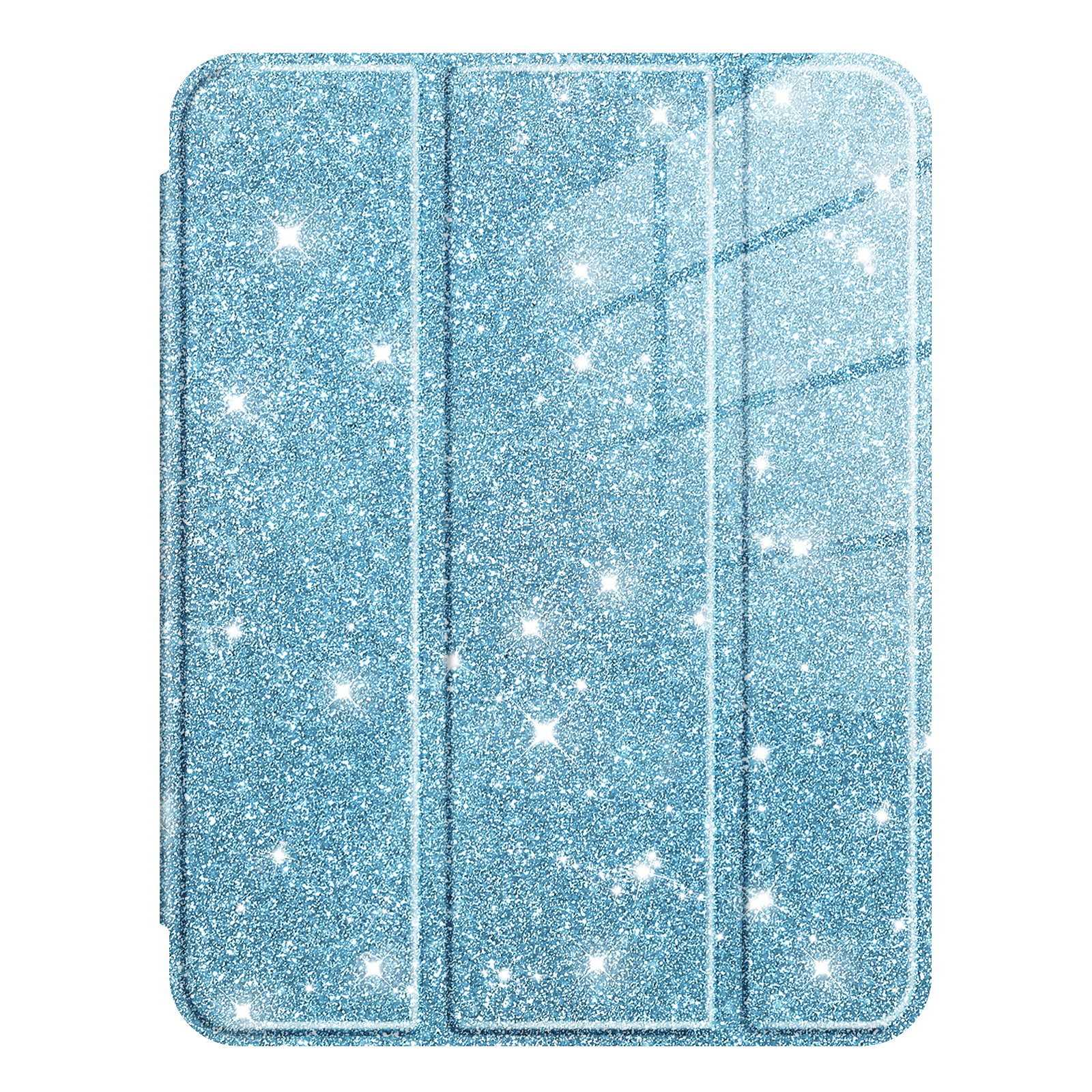 Eine hellblaue iPad-Hülle mit Glitzer wird gezeigt. Die Hülle ist geschlossen und auf weißem Hintergrund.