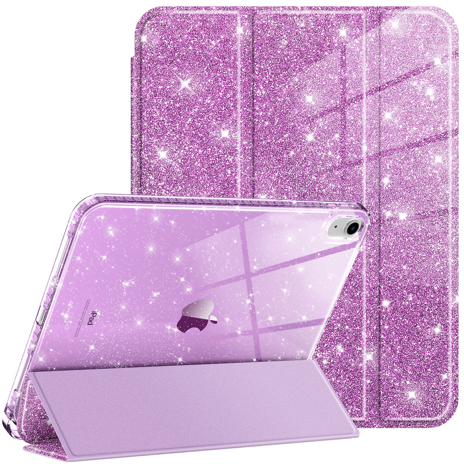Tablet mit einer lila Glitzerhülle. Die Hülle ist geschlossen und zeigt das Apple-Logo. Steht auf einem Ständer.
