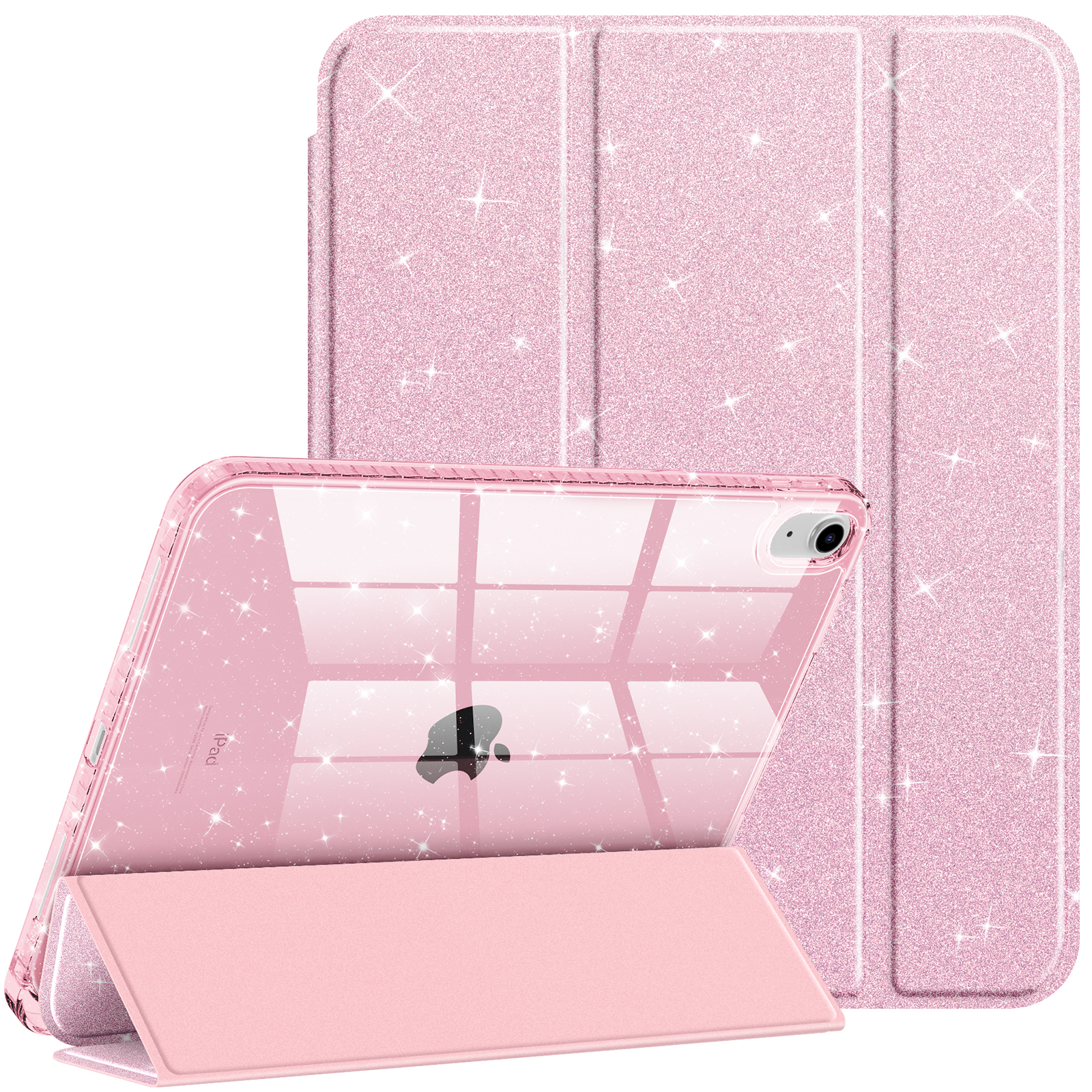 Eine rosa iPad-Hülle mit Glitzer, mit Frontabdeckung und klarer Rückseite. Das iPad ist sichtbar.