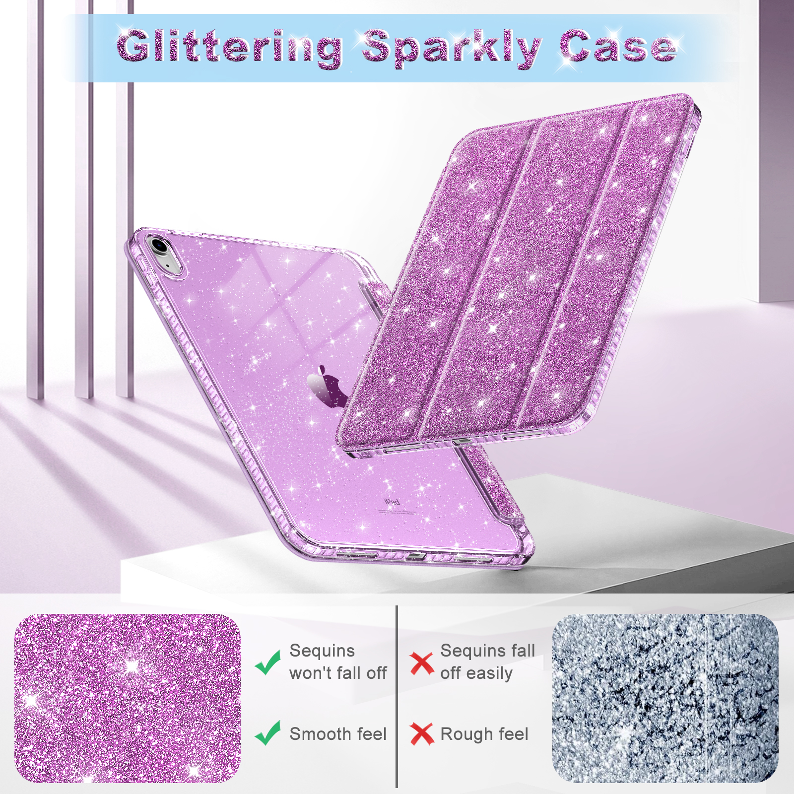 Tablet mit lila Glitzerhülle. Die Hülle ist geschlossen und zeigt Details der Hülle. Die Hülle hat eine Textur.