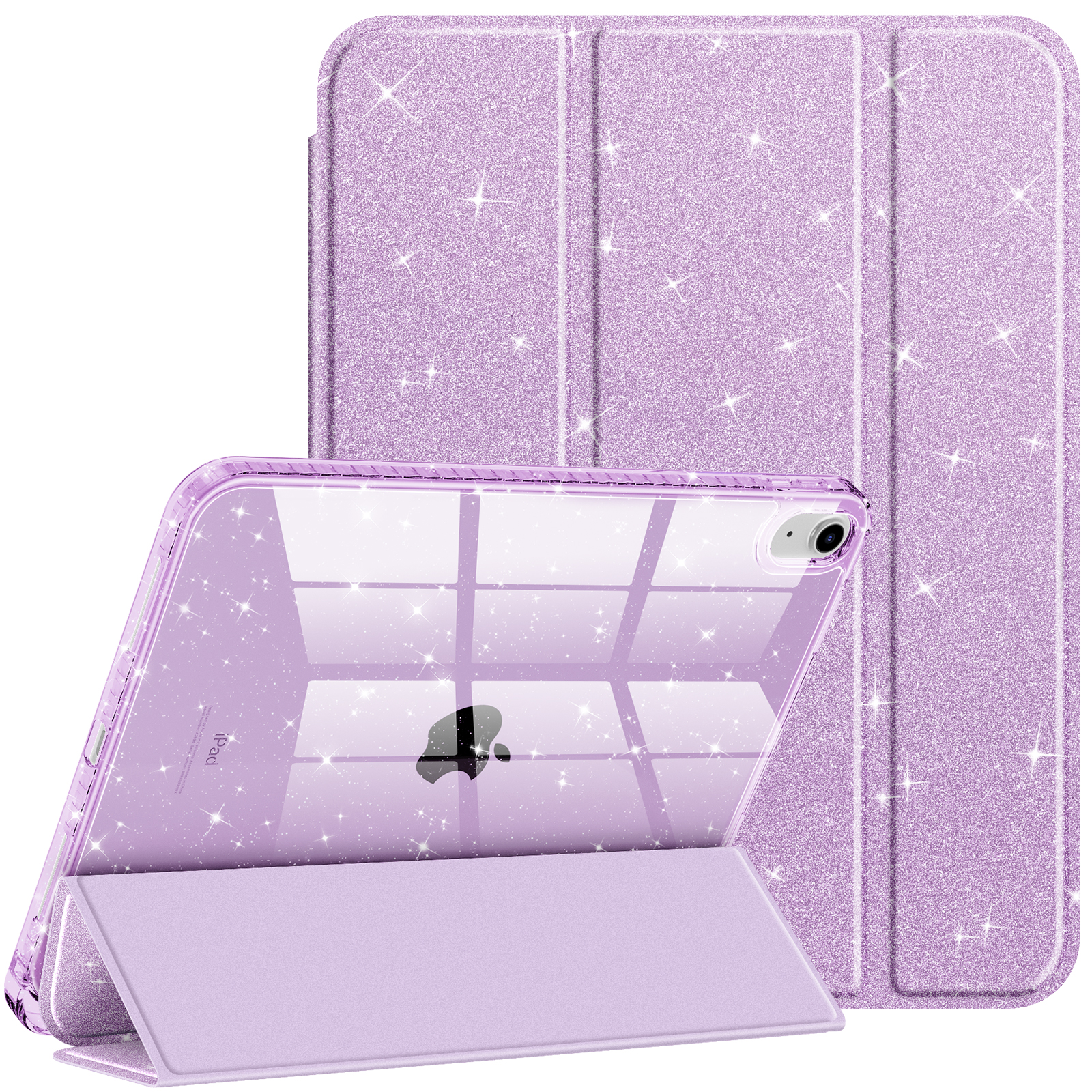 Lila iPad-Hülle mit Glitzer. Das iPad befindet sich in der Hülle, und die Hülle ist geöffnet. Der Hintergrund ist weiß.