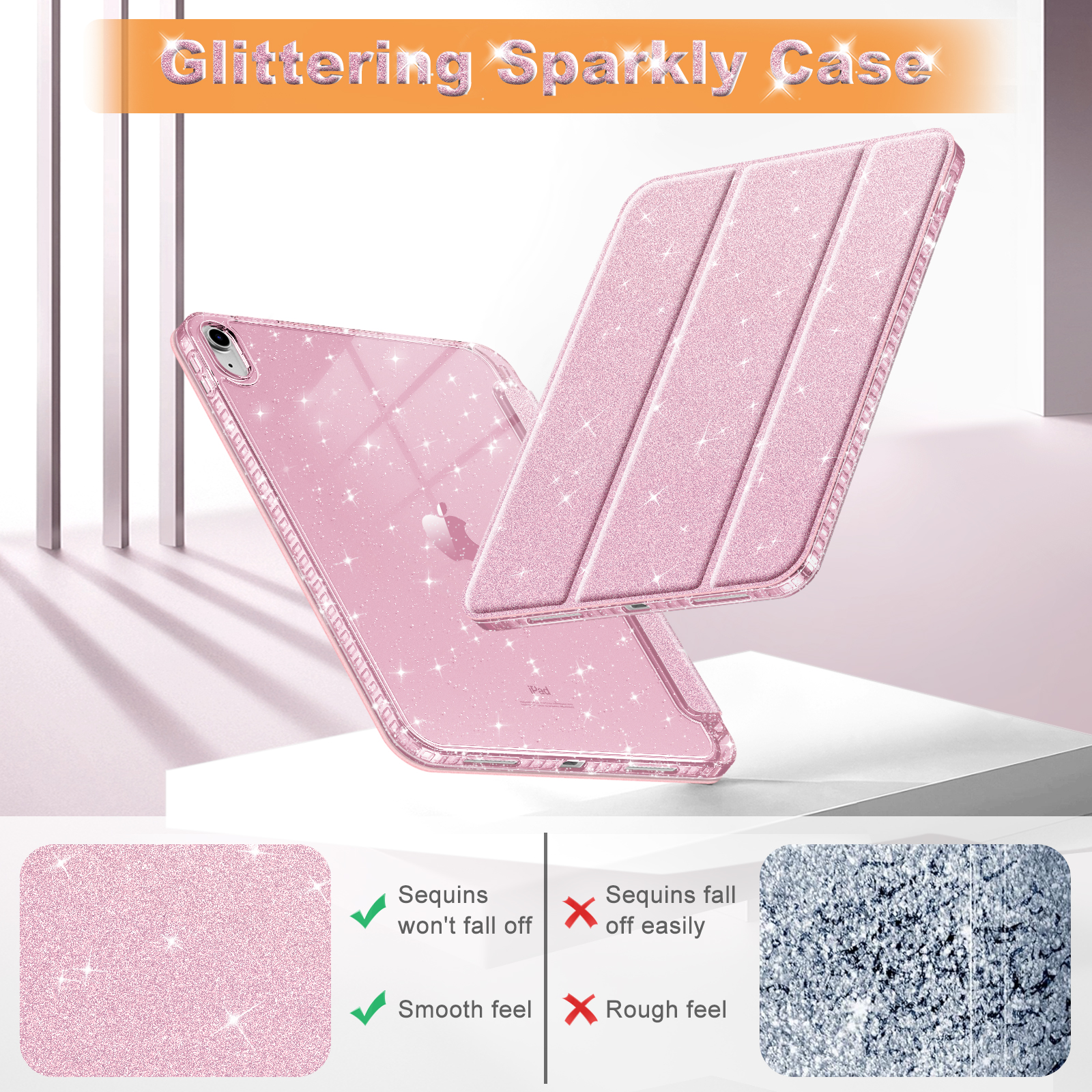 Eine rosa iPad-Hülle mit Glitzer wird gezeigt. Die Hülle ist geöffnet. Die Pailletten fallen nicht ab und fühlen sich glatt an.