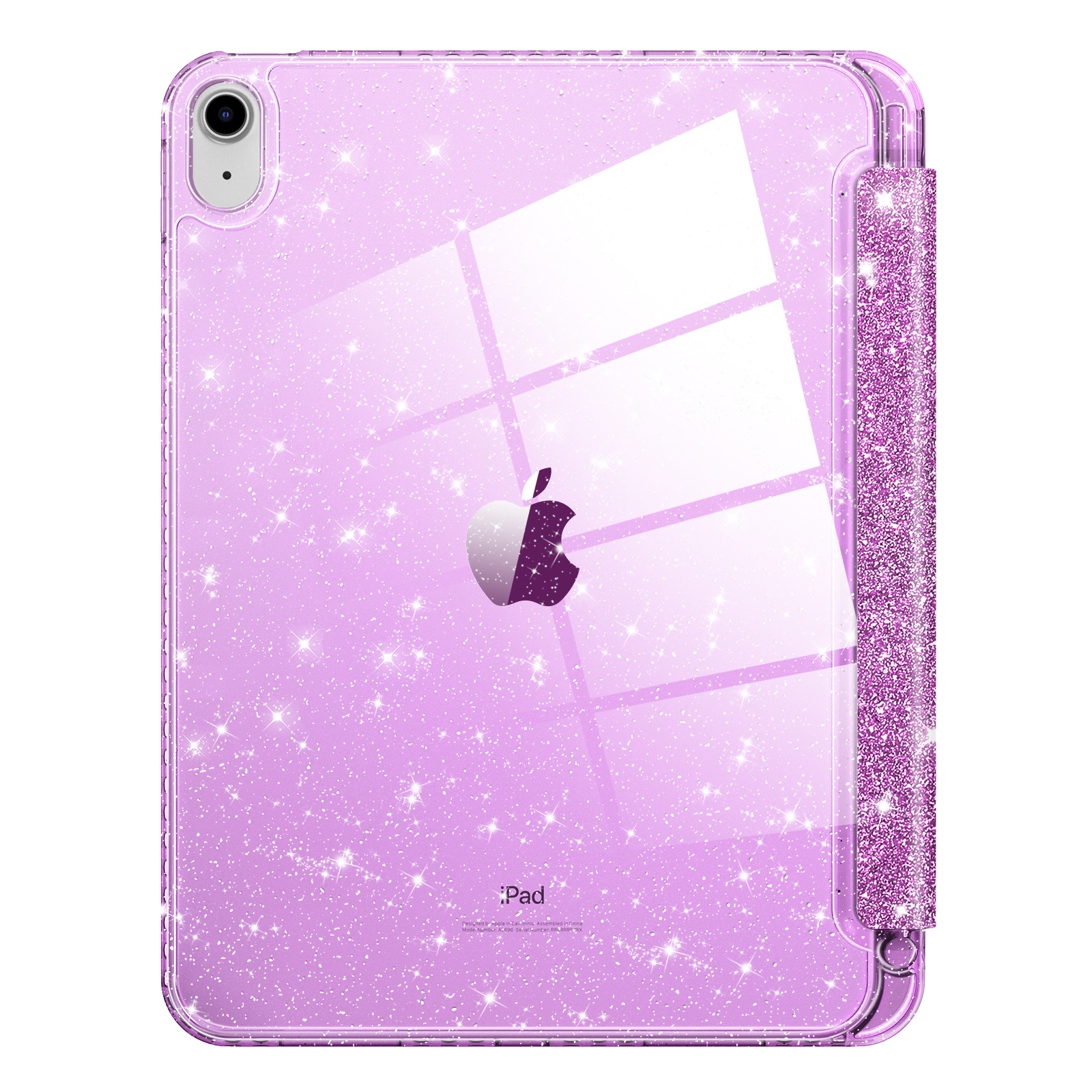 Die Rückseite eines iPads mit einer rosa Glitzerhülle und einem Halter für einen Apple Pencil. Der Hintergrund ist weiß.