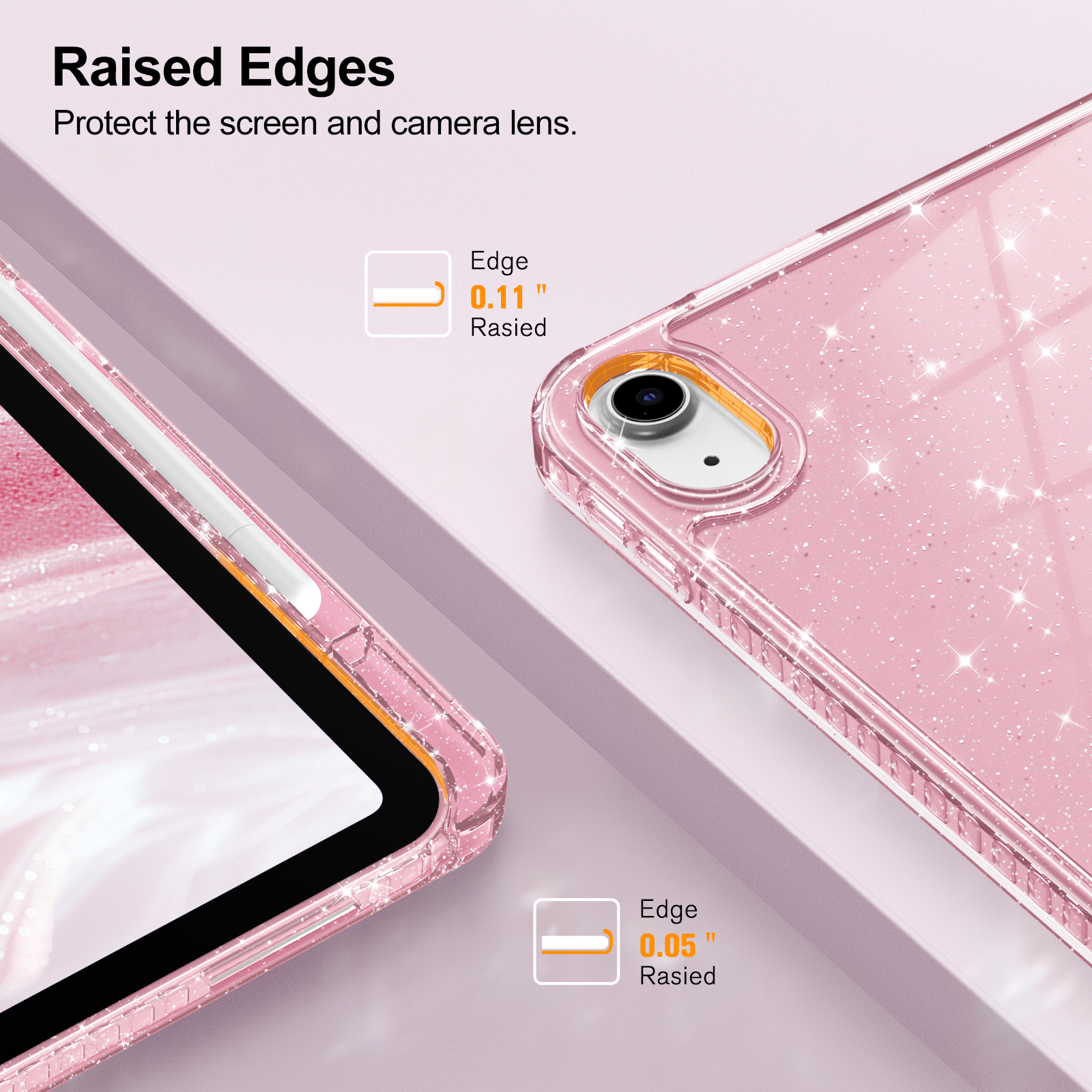Nahaufnahme einer rosa iPad-Hülle, die die erhöhten Kanten zum Schutz des Bildschirms und der Kameralinse zeigt.