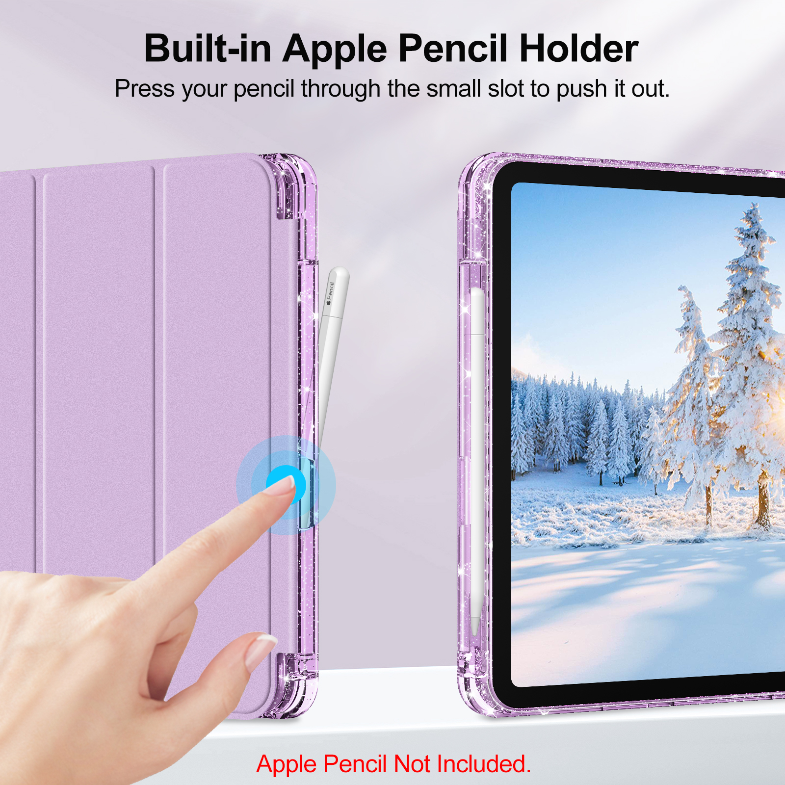 Hand drückt eine Taste auf einer lila Tablethülle. Apple Pencil wird im Halter gezeigt.
