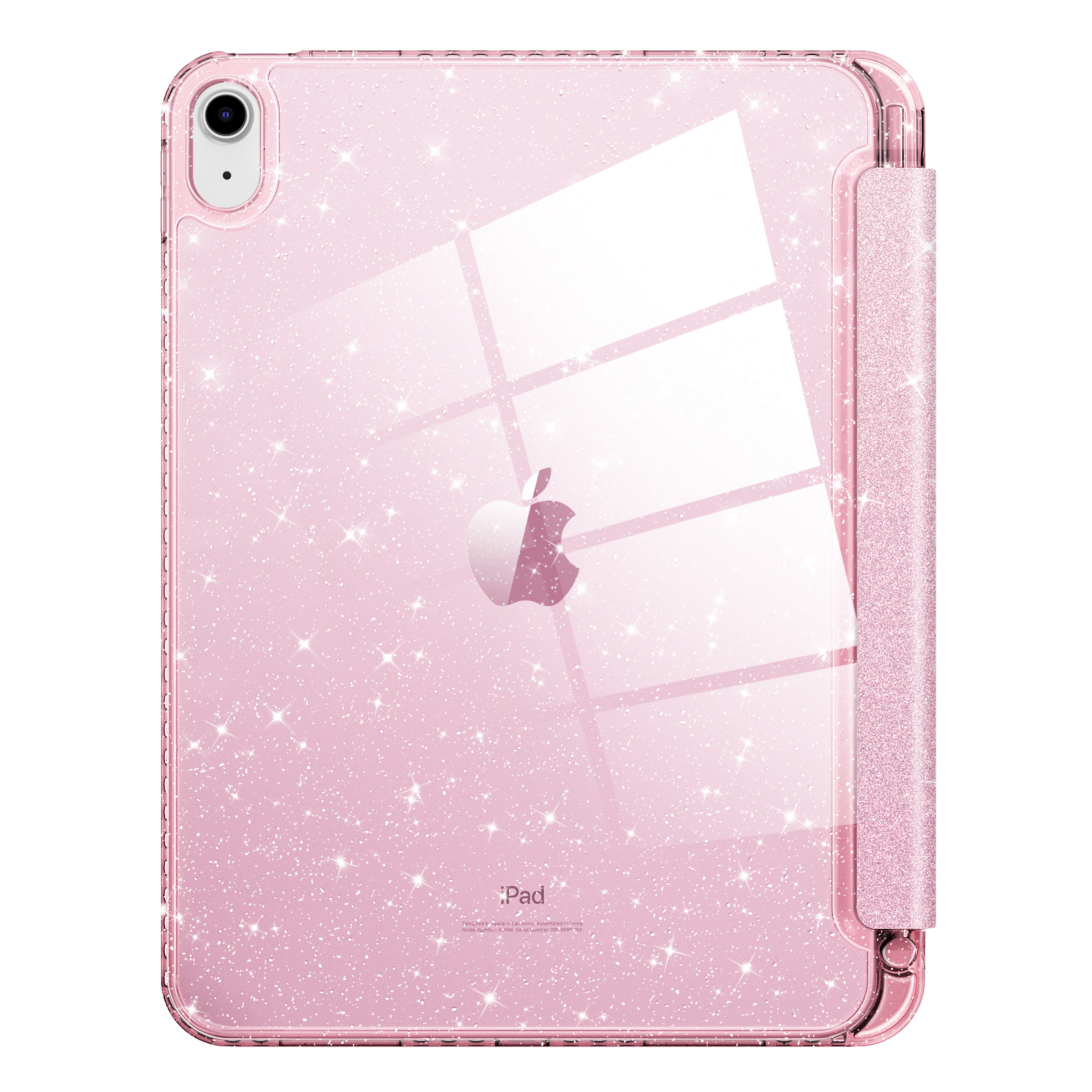 Rosa glitzernde iPad-Hülle mit weißem Hintergrund. Die Hülle ist geschlossen und zeigt das Apple-Logo.