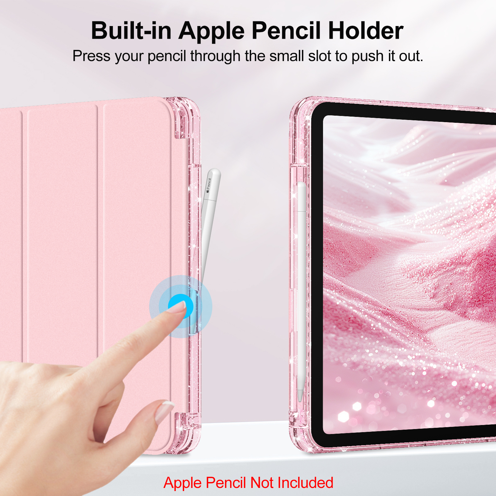 Rosa iPad-Hülle mit integriertem Apple Pencil-Halter. Eine Hand drückt den Stift durch einen Schlitz, um ihn herauszuziehen.
