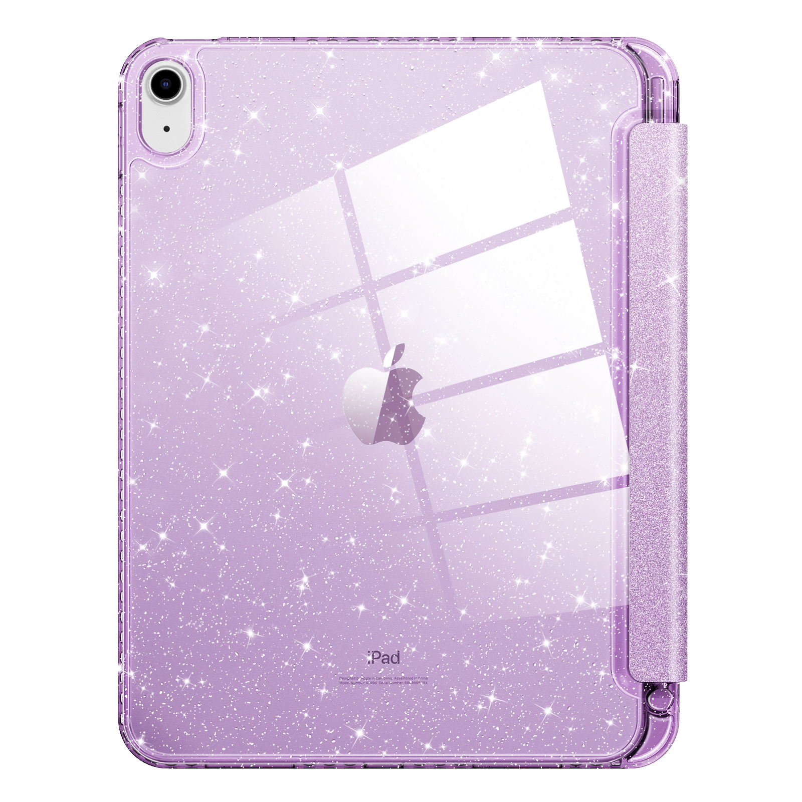 Lila glitzernde iPad-Hülle, geschlossen. Zeigt das Apple-Logo auf der Rückseite und eine Seite mit dem Halter.