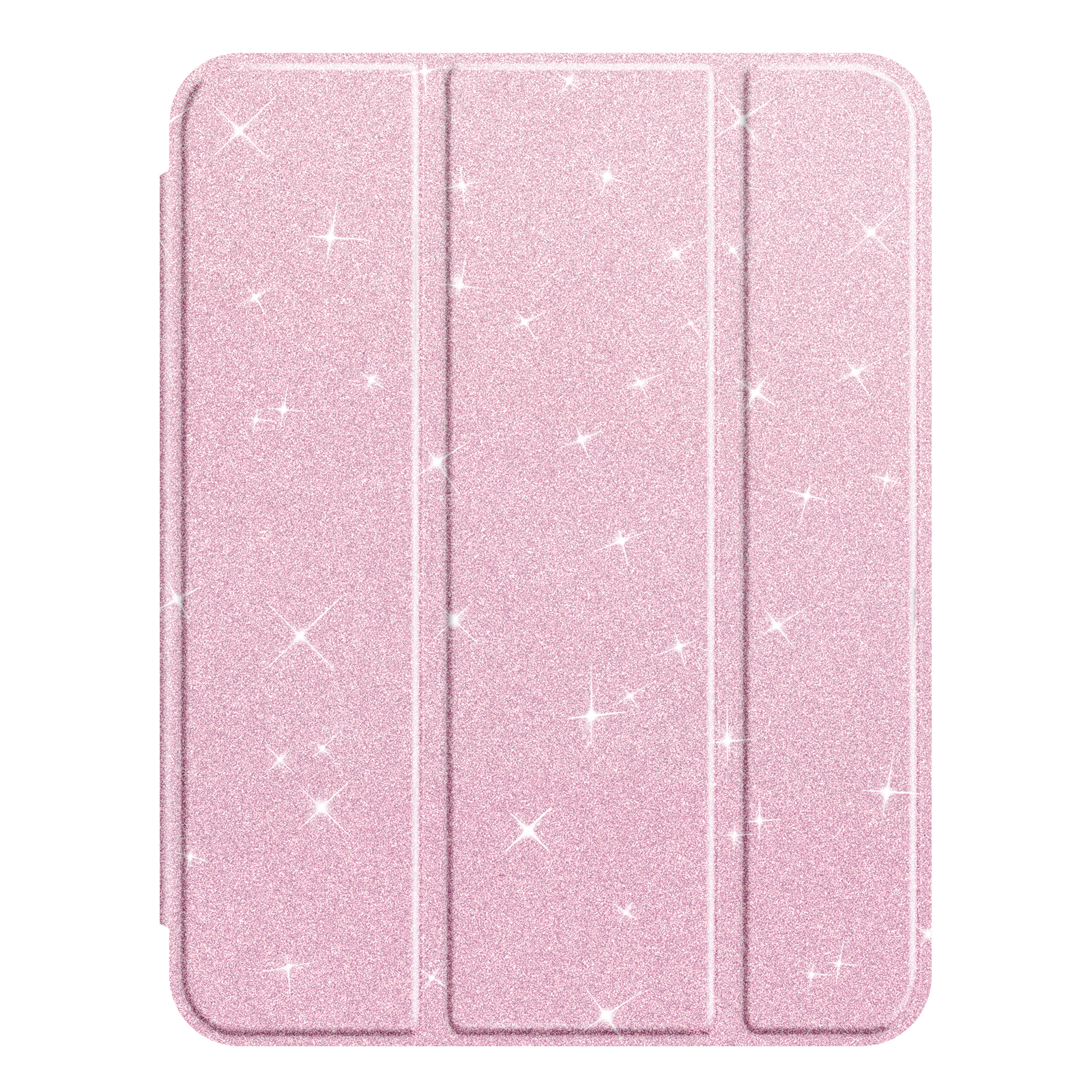 Rosa Glitzer-iPad-Hülle. Die Abdeckung ist in drei Teile gefaltet. Die Hülle ist geschlossen. Der Hintergrund ist weiß.