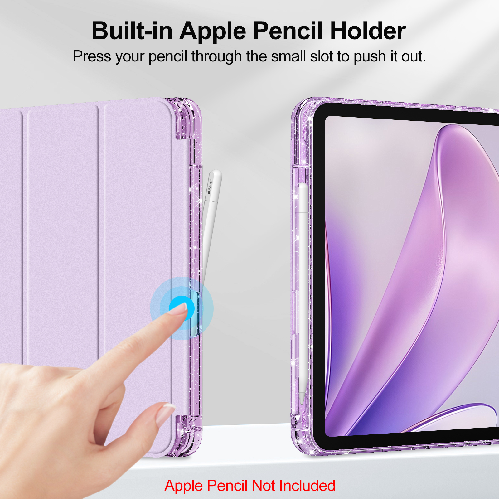 Hand drückt einen Stift durch einen lila iPad-Halter. Der Bildschirm zeigt ein Bild.