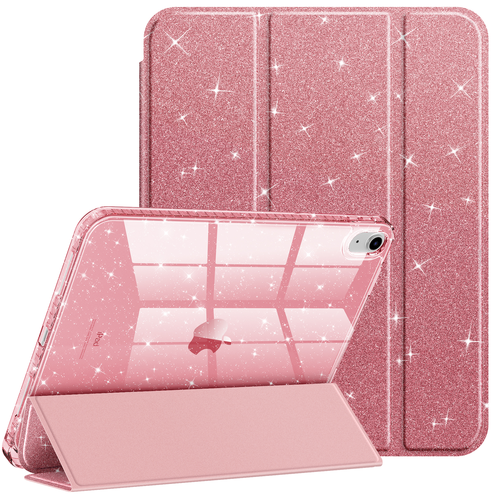 Rosa Glitzer-iPad-Hülle. Das iPad befindet sich in der Hülle. Auf der Rückseite befindet sich eine Abdeckung, die gefaltet werden kann.