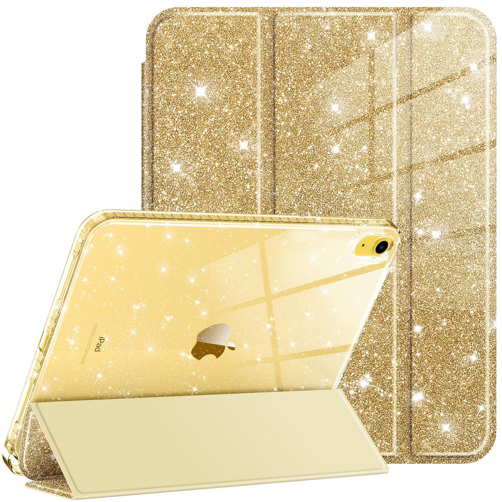 Goldglitzer-iPad-Hülle. Das iPad befindet sich in der Hülle. Auf der Rückseite befindet sich eine Abdeckung, die gefaltet werden kann.