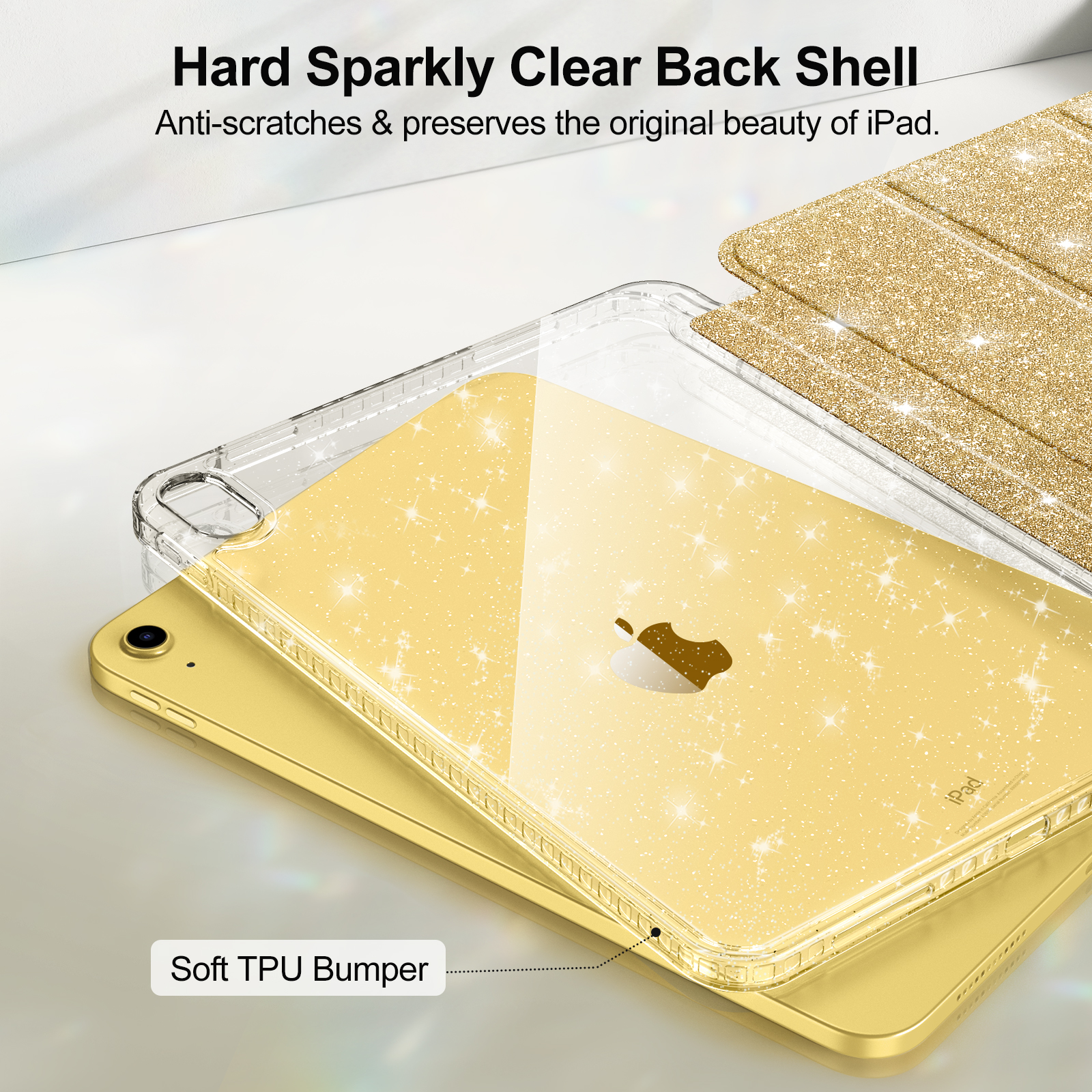 Klare iPad-Hülle mit goldenem Glitzer. Die Hülle liegt auf einem gelben iPad, mit einer Glitzerabdeckung im Hintergrund.