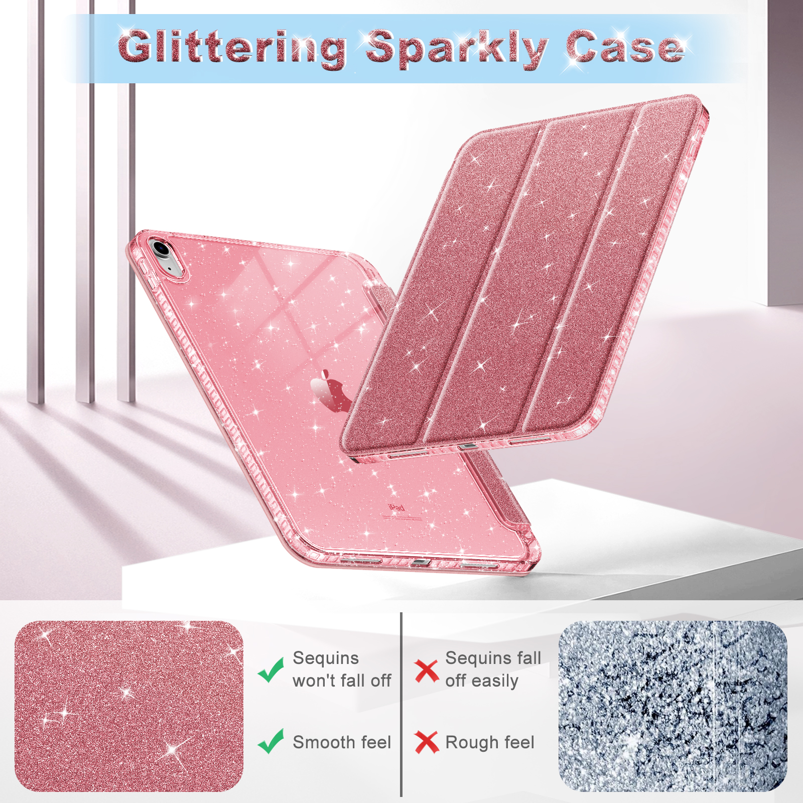 Rosa glitzernde iPad-Hülle. Die Hülle ist offen und zeigt das iPad. Die Hülle liegt auf einer weißen Oberfläche.
