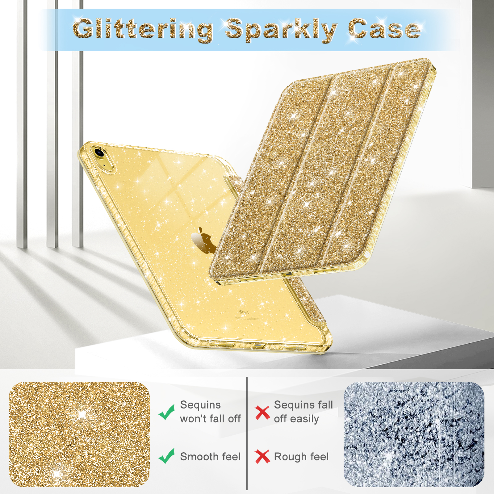 Transparente Hülle mit goldenem Glitzer für ein iPad. Die Hülle ist offen, mit dem iPad darin. Der Hintergrund ist weiß.