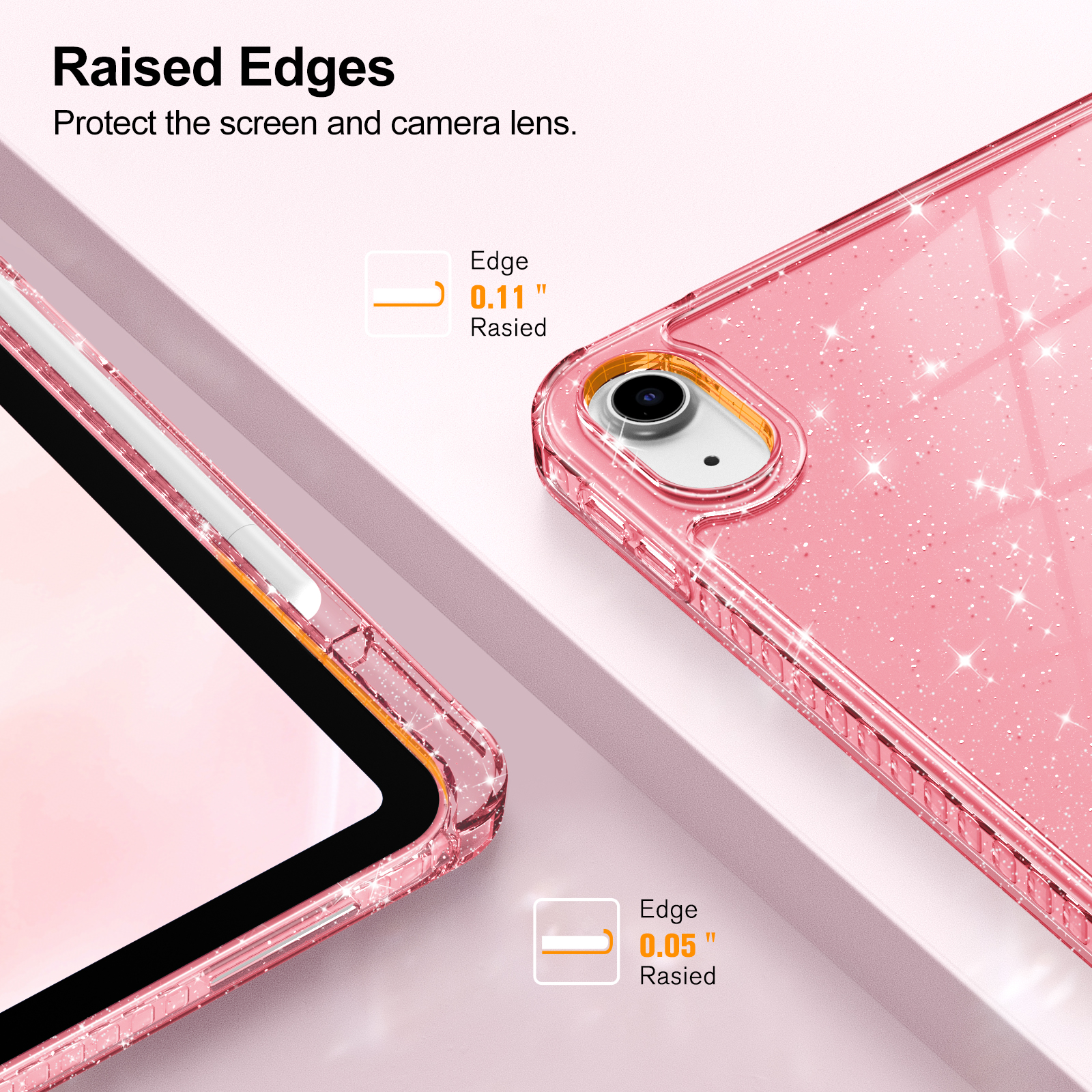 Nahaufnahme einer rosa glitzernden iPad-Hülle mit erhöhten Kanten zum Schutz von Bildschirm und Kameralinse.