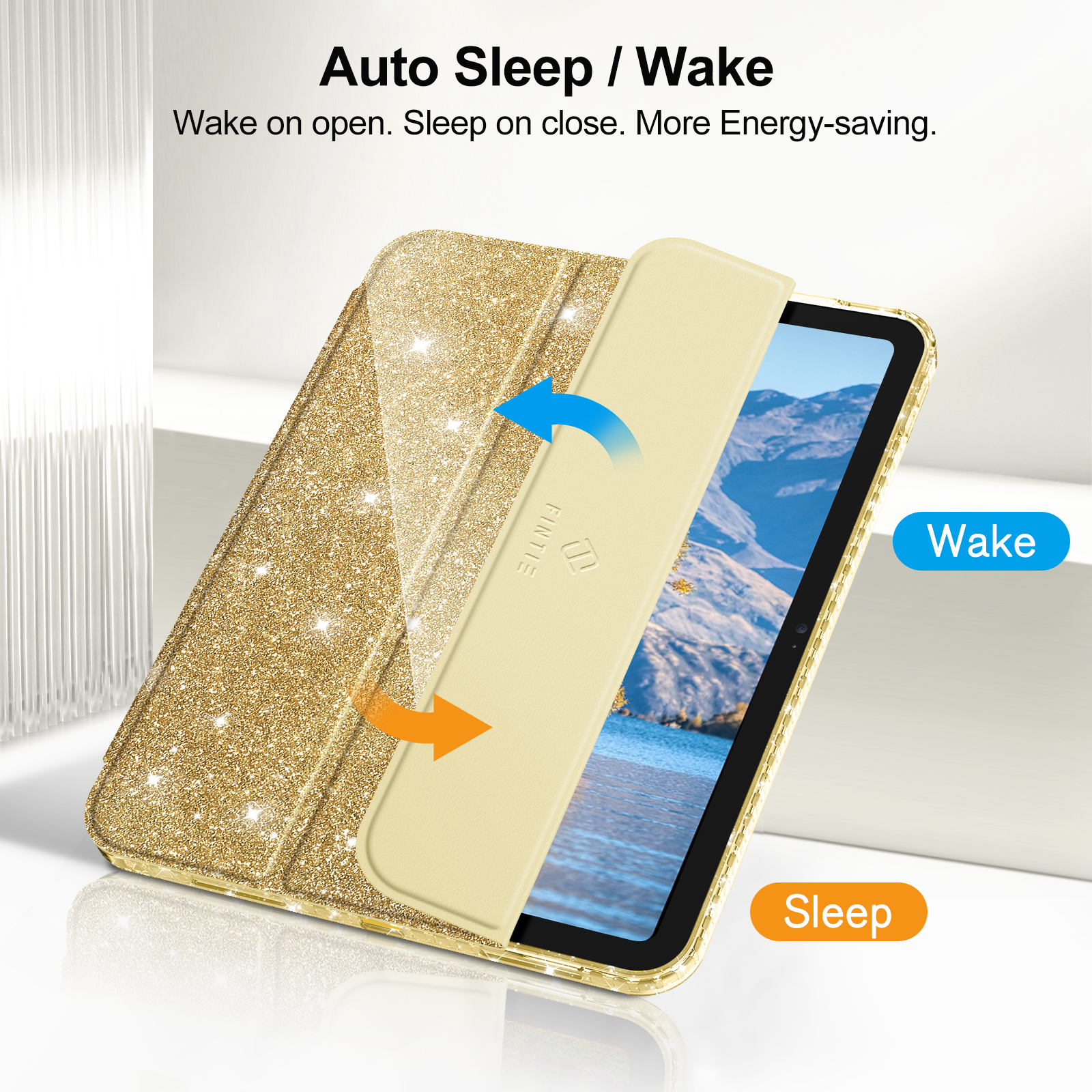 Eine iPad-Hülle mit goldfarbener, glitzernder Abdeckung. Die Abdeckung öffnet sich mit blauen und orangefarbenen Pfeilen.