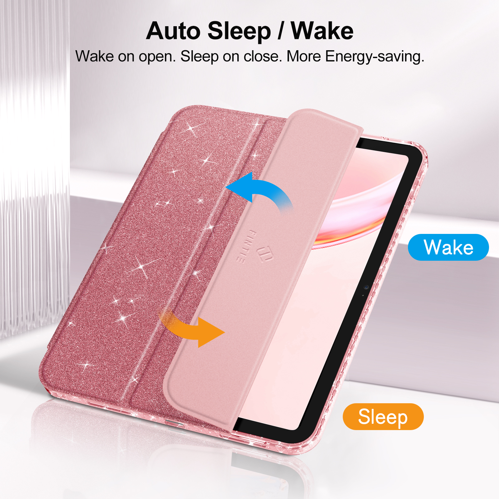 Eine iPad-Hülle mit rosa glitzernder Abdeckung. Die Abdeckung öffnet sich mit blauen und orangefarbenen Pfeilen.