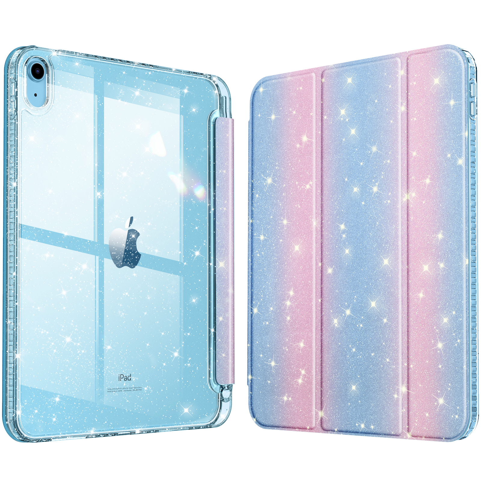Blau-rosa glitzernde iPad-Hülle mit Apple-Logo. Die Hülle ist offen, zeigt das iPad innen.