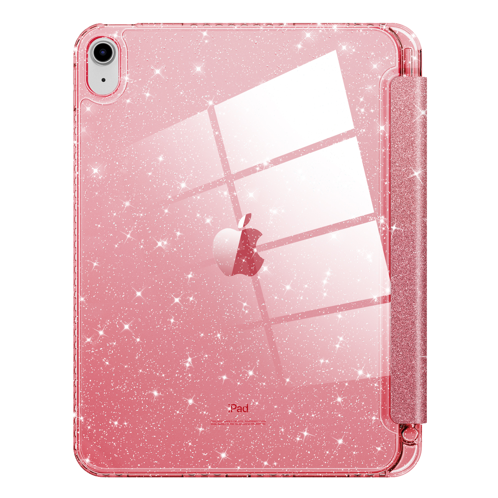 Rosa glitzernde iPad-Hülle mit Apple-Logo. Die Hülle ist geschlossen, zeigt die Rückseite mit Sternenmuster.