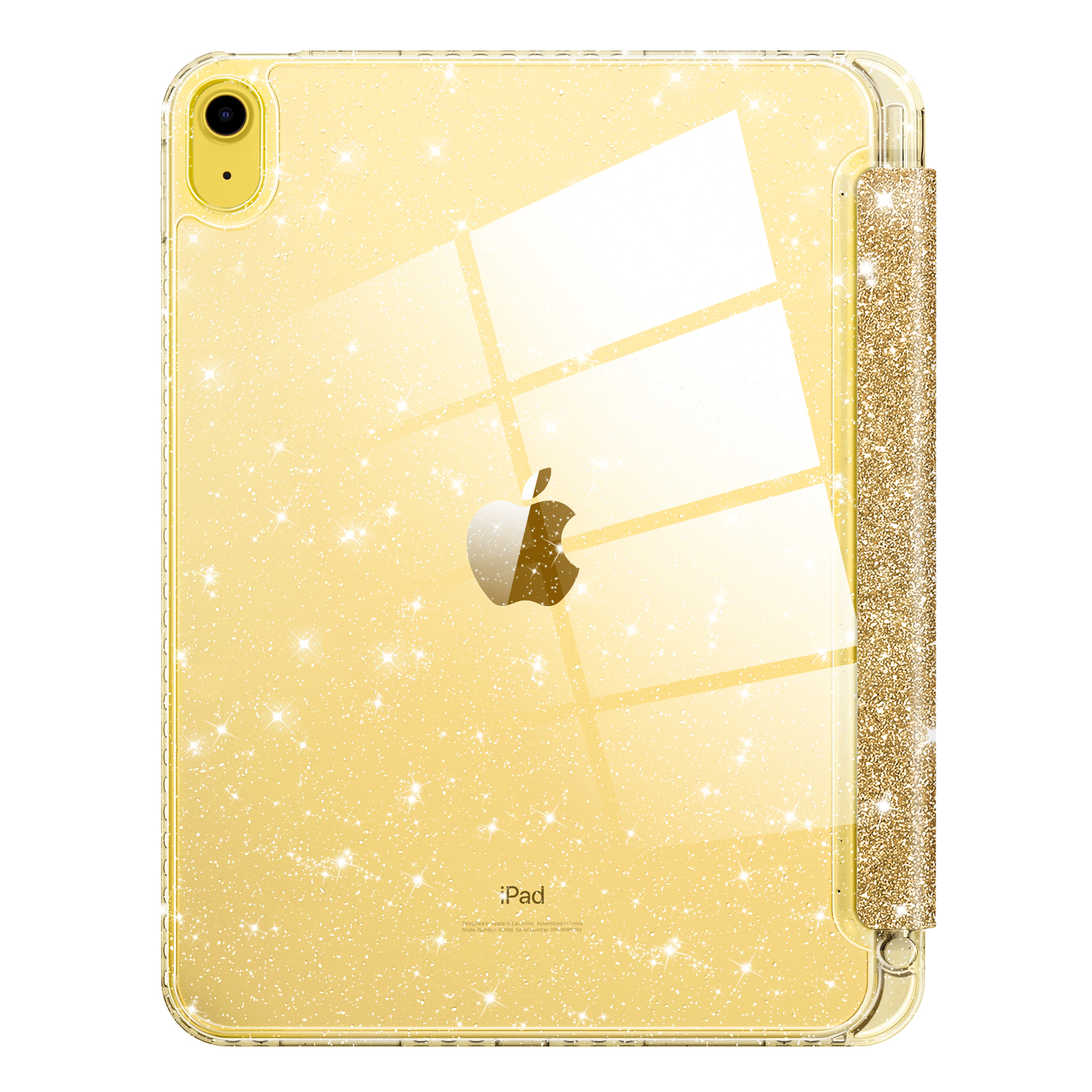 Gelbe, glitzernde iPad-Hülle mit Apple-Logo. Die Hülle ist geschlossen, zeigt die Rückseite mit Sternenmuster.