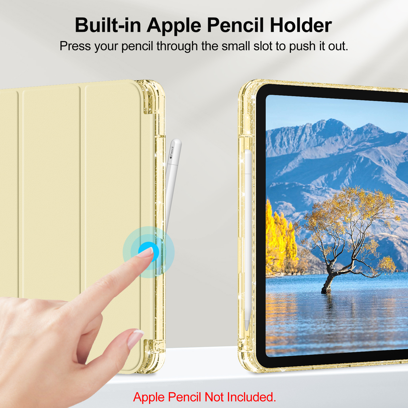 Eine iPad-Hülle mit einem Apple Pencil-Halter. Eine Hand drückt den Stift aus dem Schlitz.