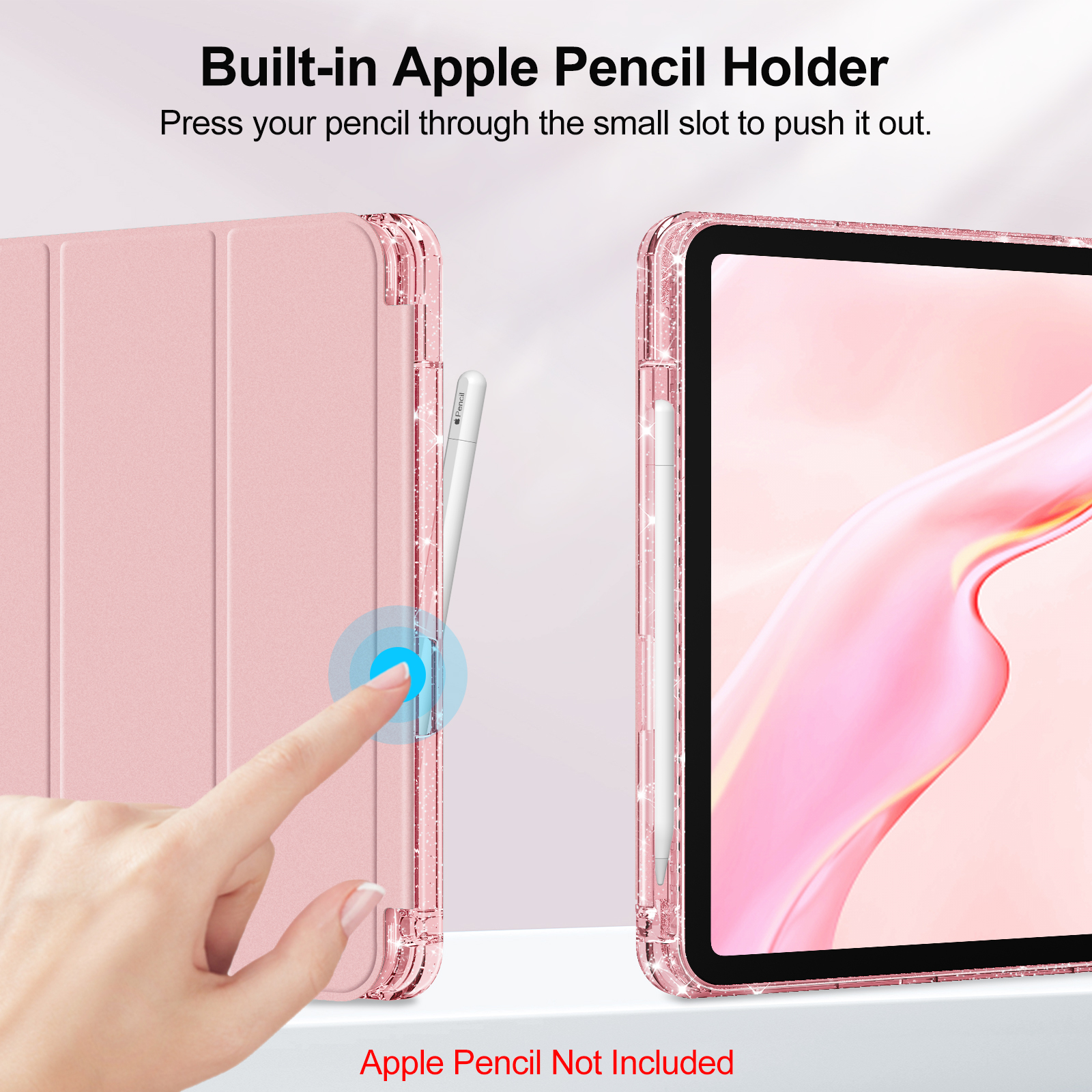 Hand zeigt auf den Apple Pencil-Halter an einer rosa Hülle. Ein Apple Pencil wird in den Halter eingesetzt.