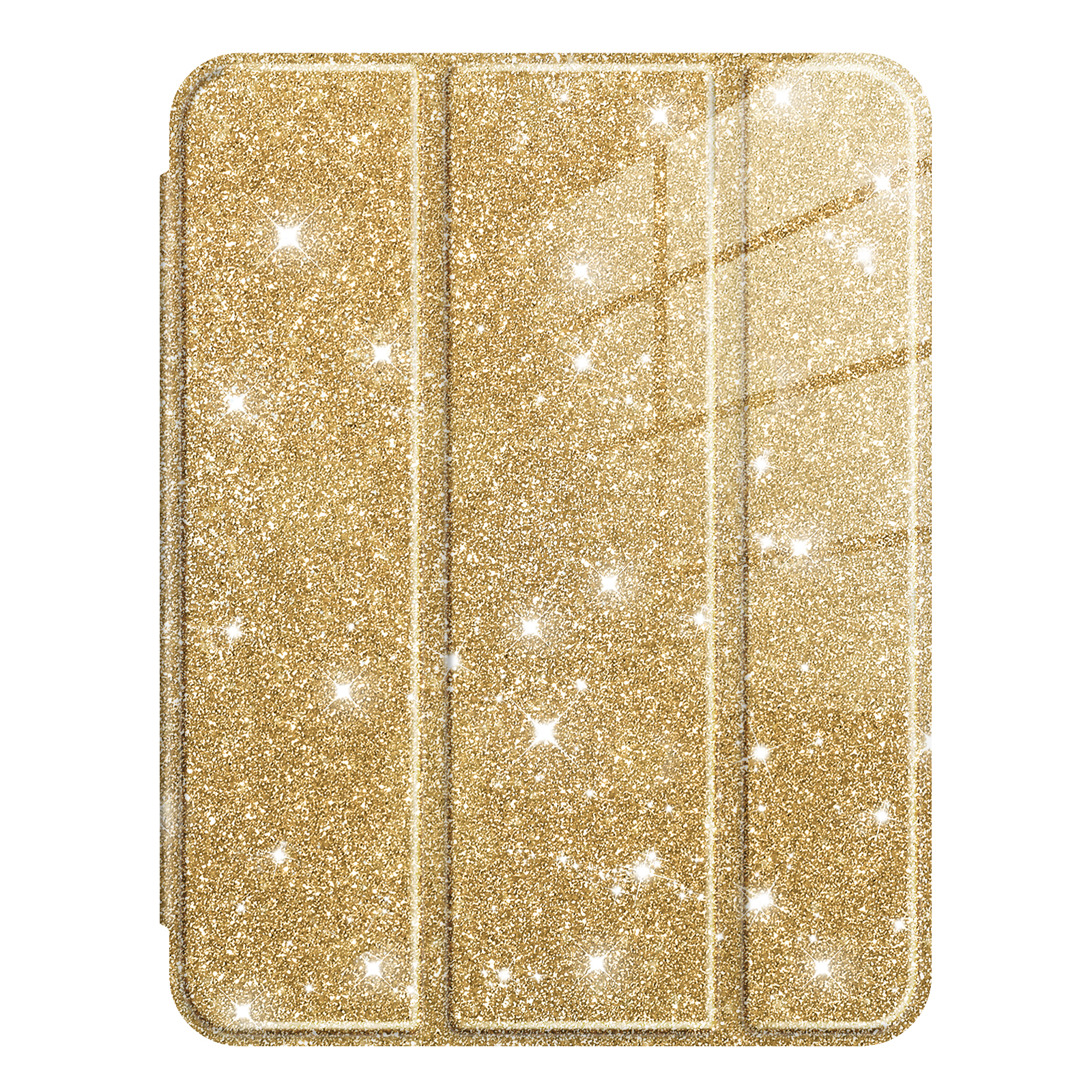 Goldene Glitzer-iPad-Hülle, gefaltet. Die Hülle befindet sich vor einem weißen Hintergrund mit Glitzer.