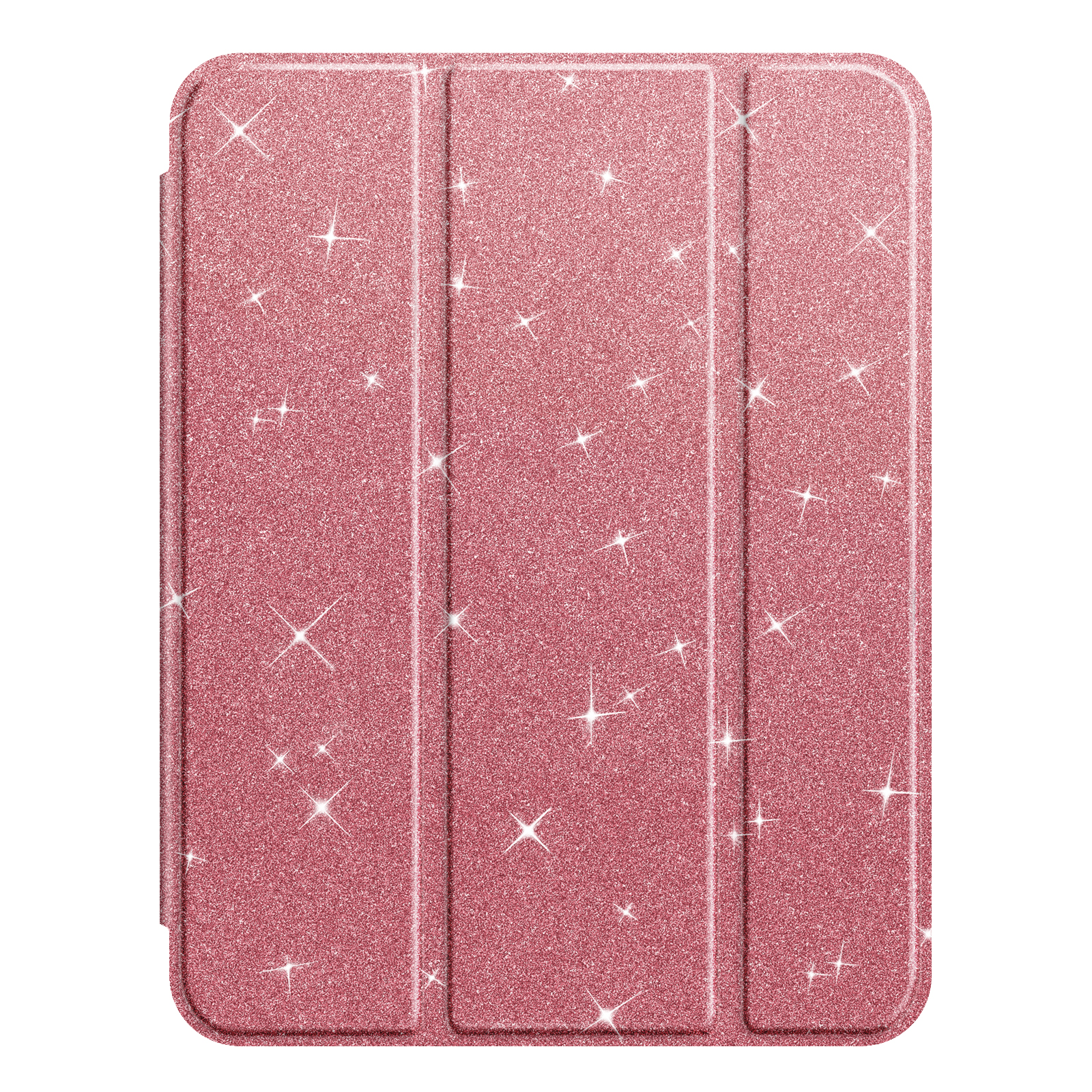 Rosa glitzernde iPad-Hülle, geschlossen und zeigt die Rückseite. Die Hülle hat ein sternenähnliches Design.