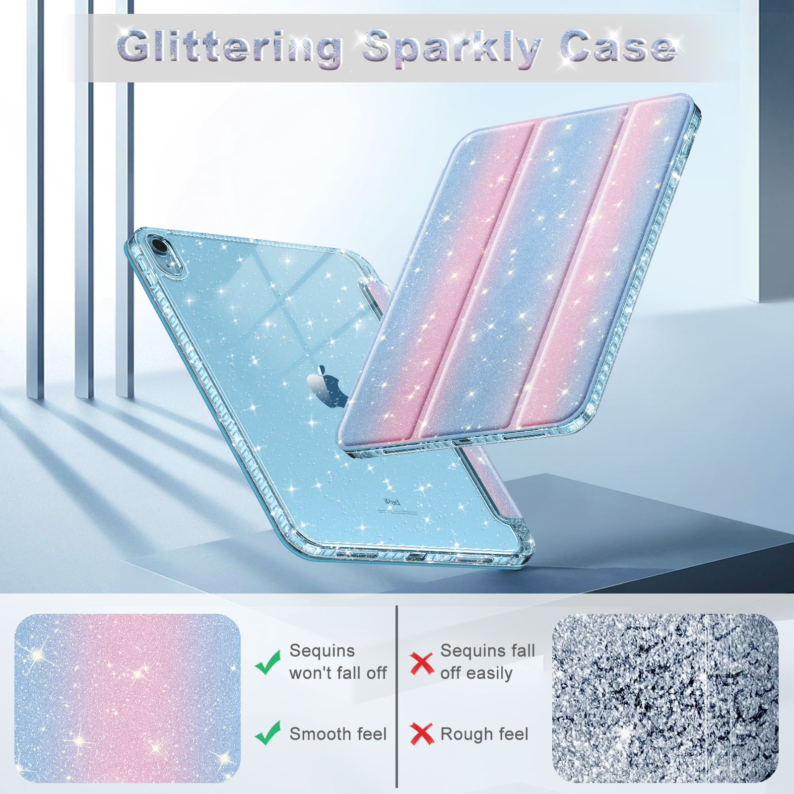 Blau-rosa glitzernde iPad-Hülle. Die Hülle ist offen und zeigt das iPad. Die Hülle liegt auf einer weißen Oberfläche.