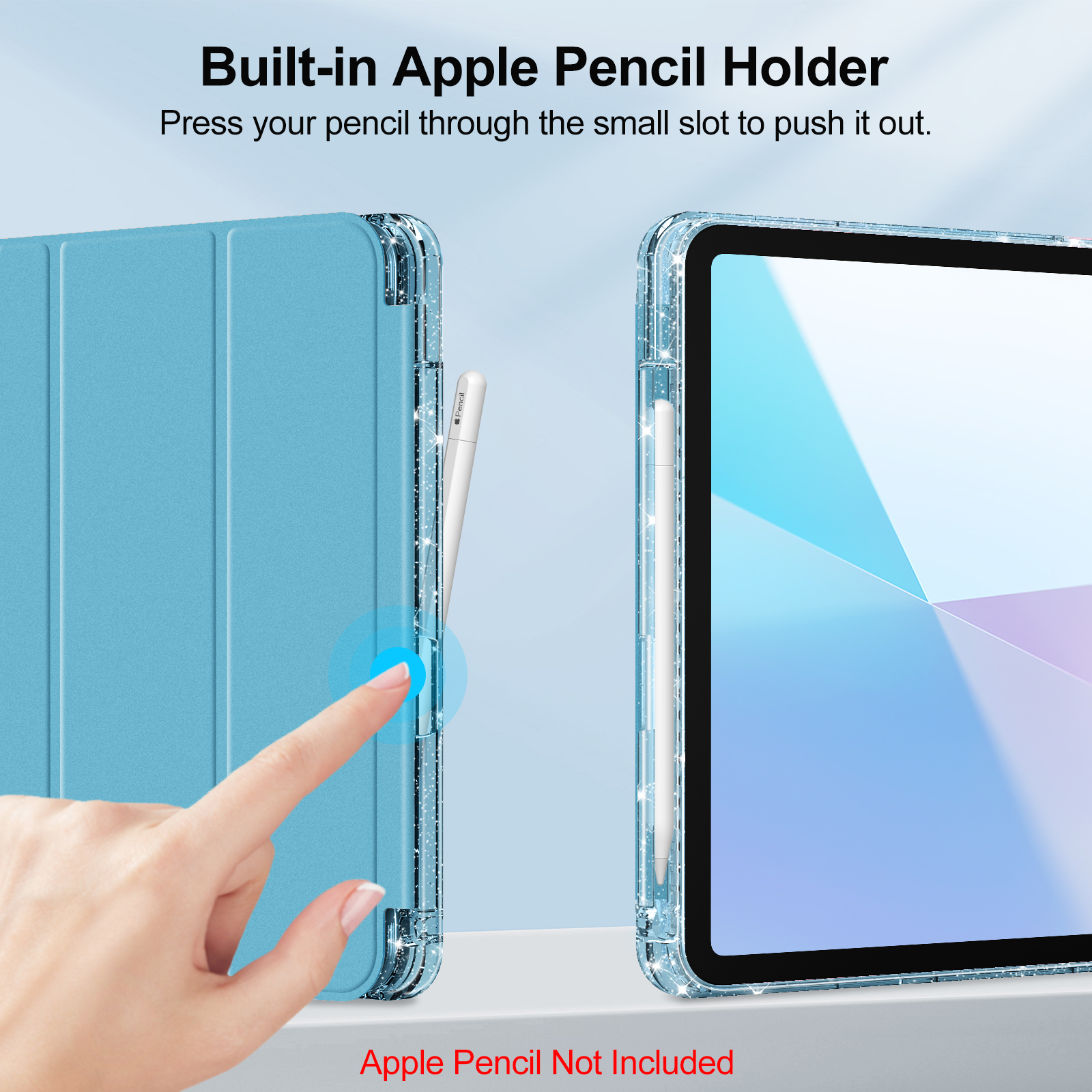 Eine Hand drückt den Apple Pencil aus dem Schlitz des Gehäuses. Das Gehäuse ist blau und transparent.