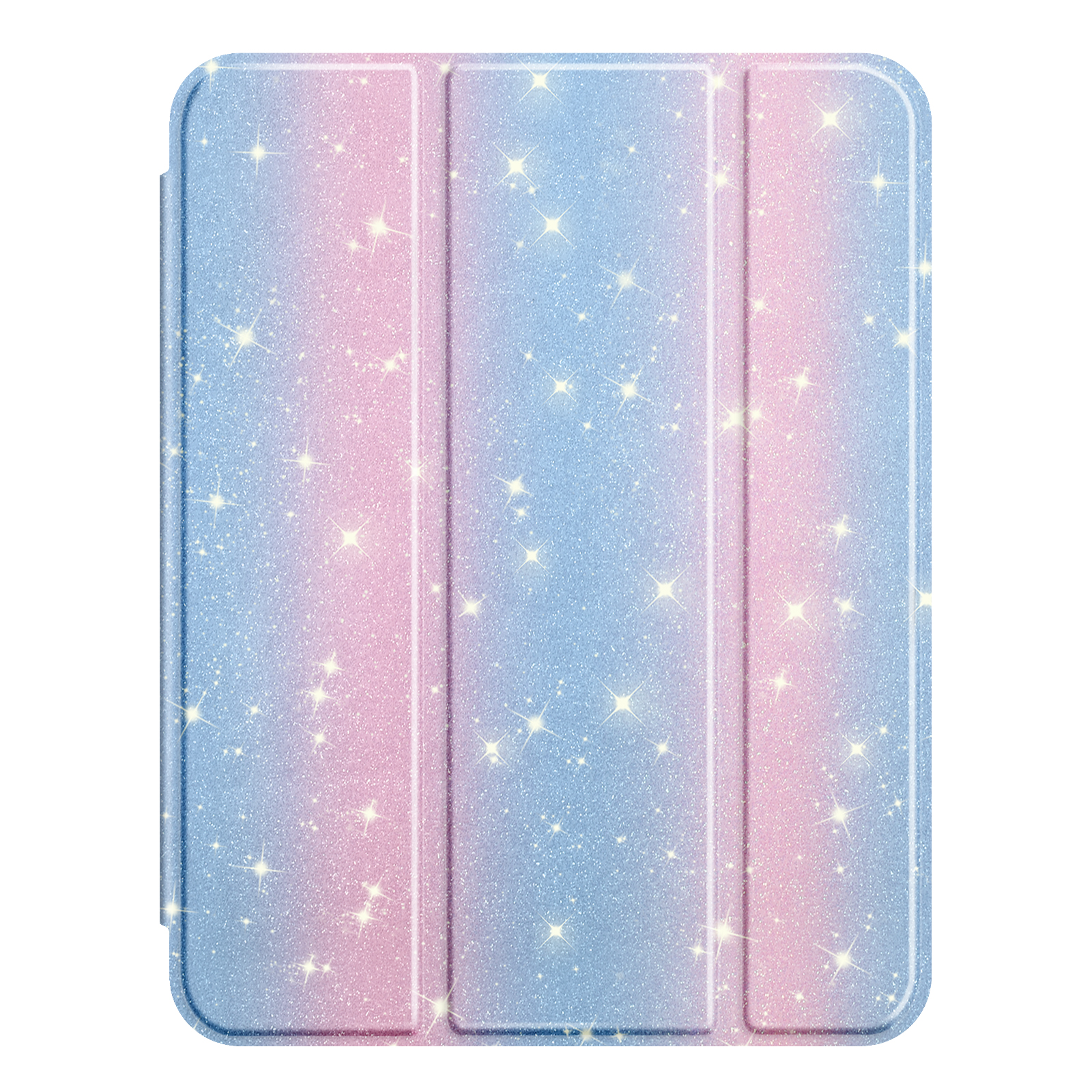 Blau-rosa Glitzer-iPad-Hülle, gefaltet. Die Hülle befindet sich vor einem weißen Hintergrund mit Glitzer.