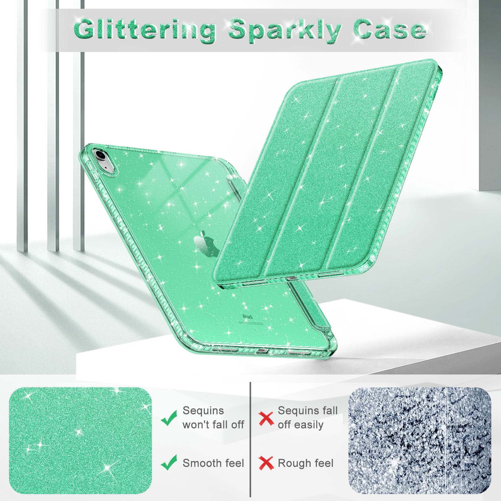 Grüne Glitzer-iPad-Hülle mit Abdeckung. Die Hülle hat eine transparente Rückseite und eine Abdeckung mit Glitzer.