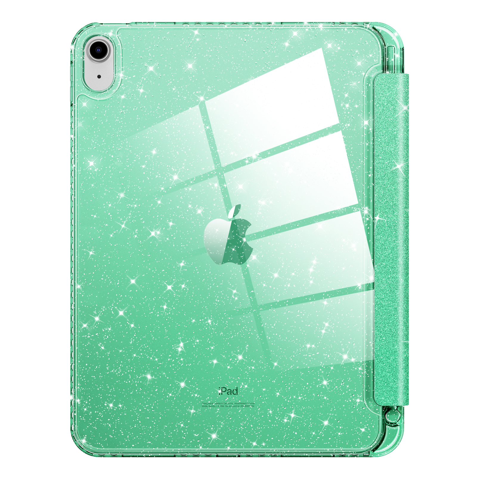 Grüne iPad-Hülle mit dem iPad darin. Die Hülle befindet sich vor einem weißen Hintergrund mit Glitzer.