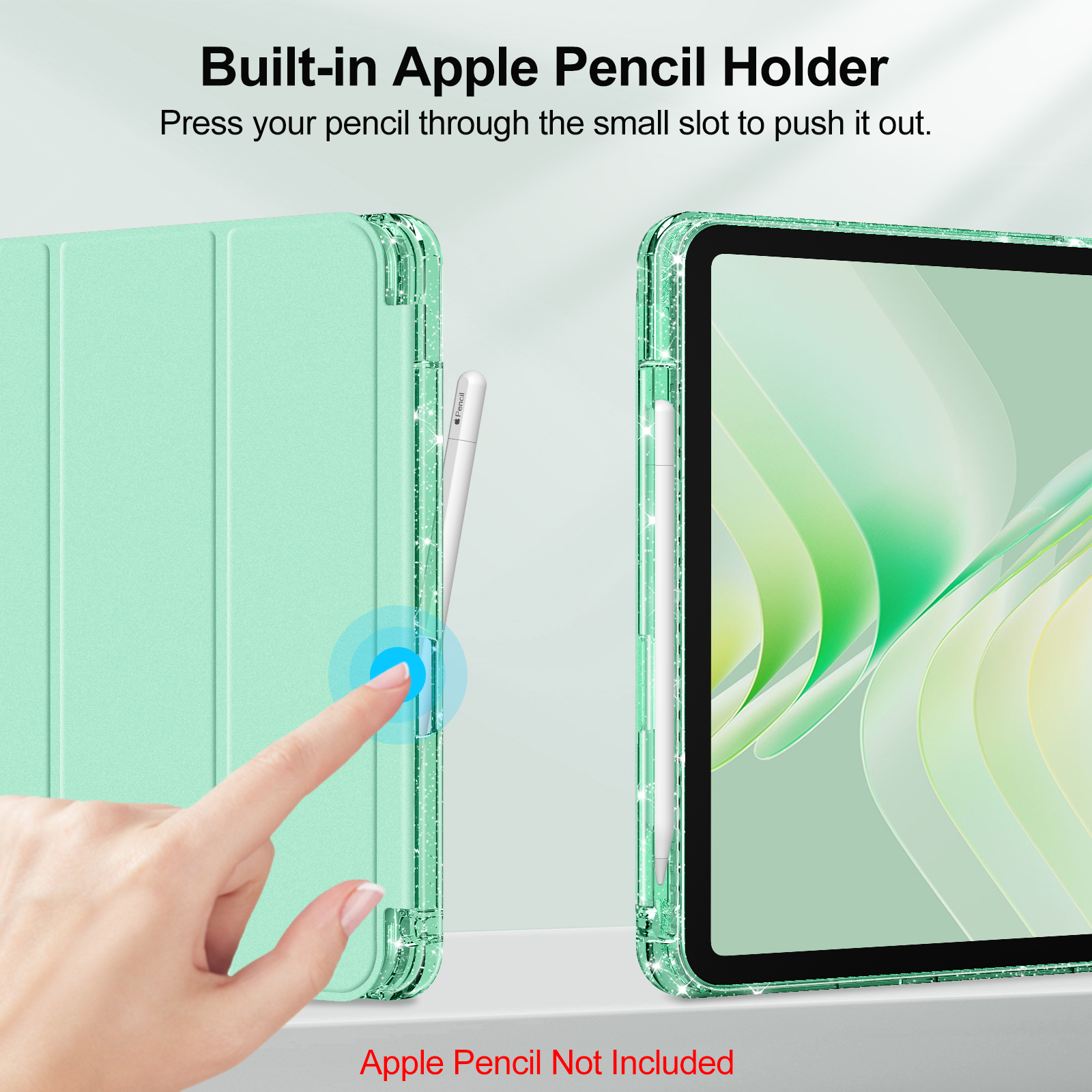 Eine Hand drückt den Apple Pencil aus dem Schlitz des grünen Gehäuses. Das Gehäuse ist grün und transparent.