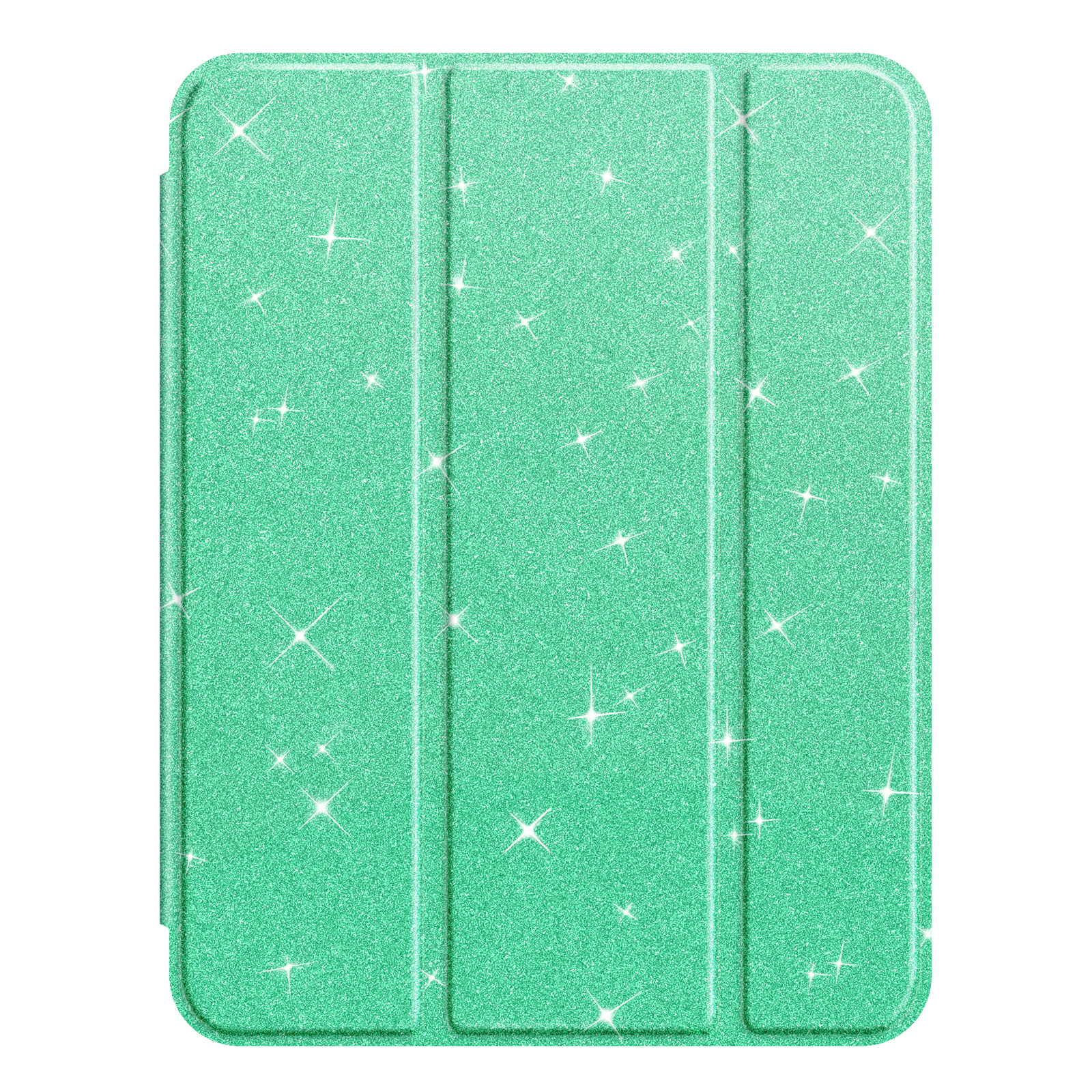 Mintgrüner iPad-Hüllenbezug. Der Bezug hat eine glitzernde Textur und ist in drei Abschnitte gefaltet.