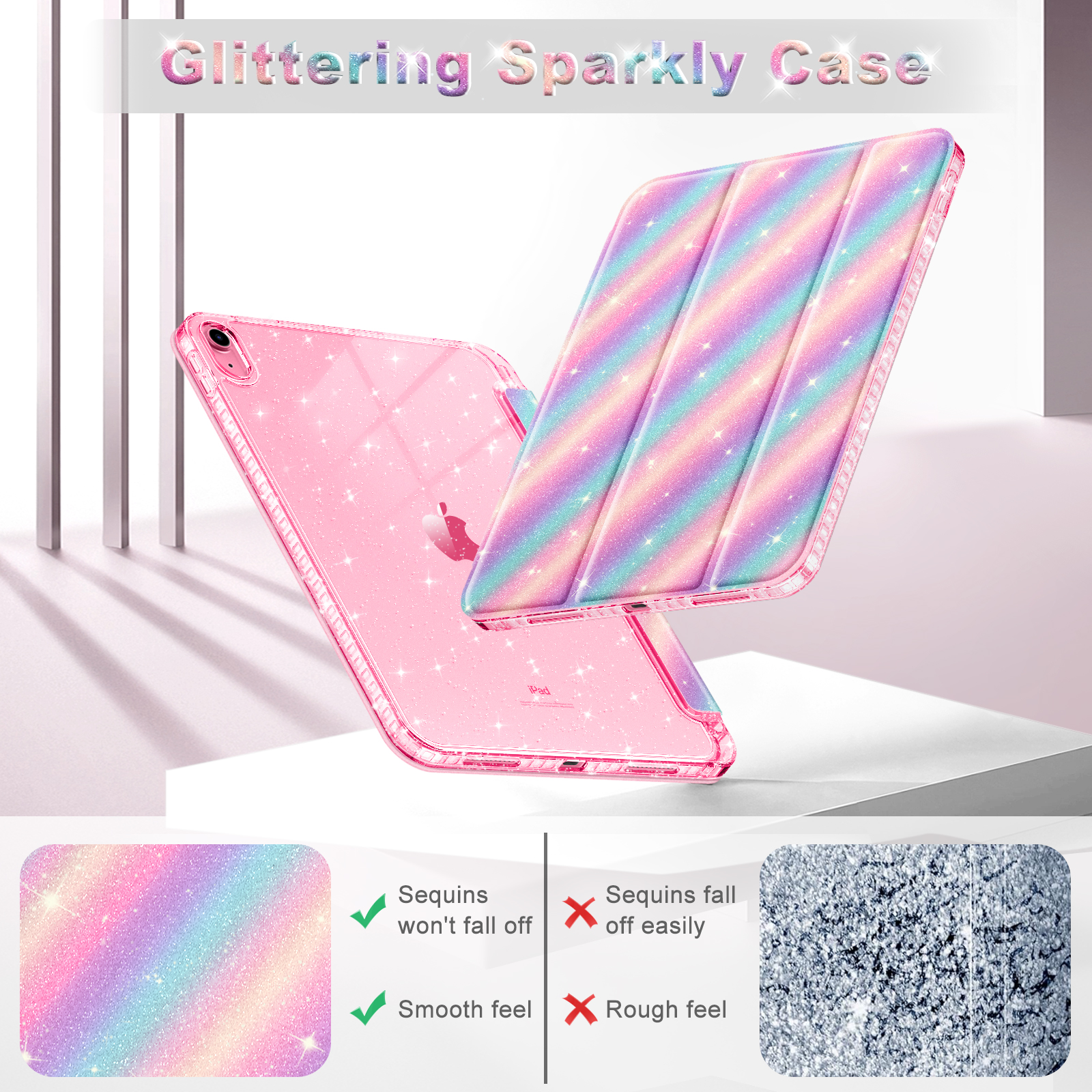Rosa iPad in einer Glitzerhülle. Die Hülle ist geöffnet und zeigt eine regenbogenfarbene Innenabdeckung. Merkmale sind gezeigt.
