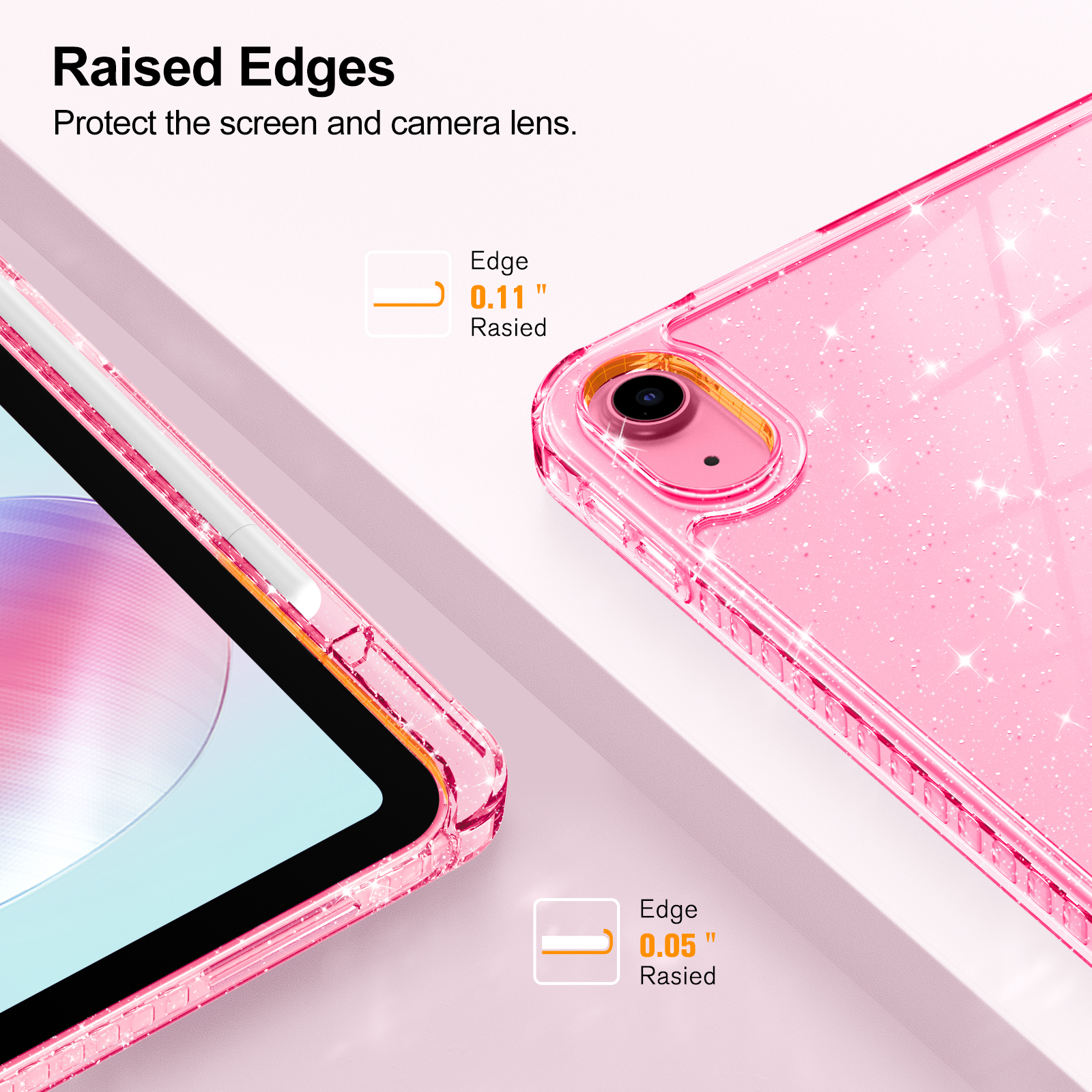 Nahaufnahme des Rands einer rosa iPad-Hülle. Es zeigt erhöhte Kanten zum Schutz von Bildschirm und Kamera.
