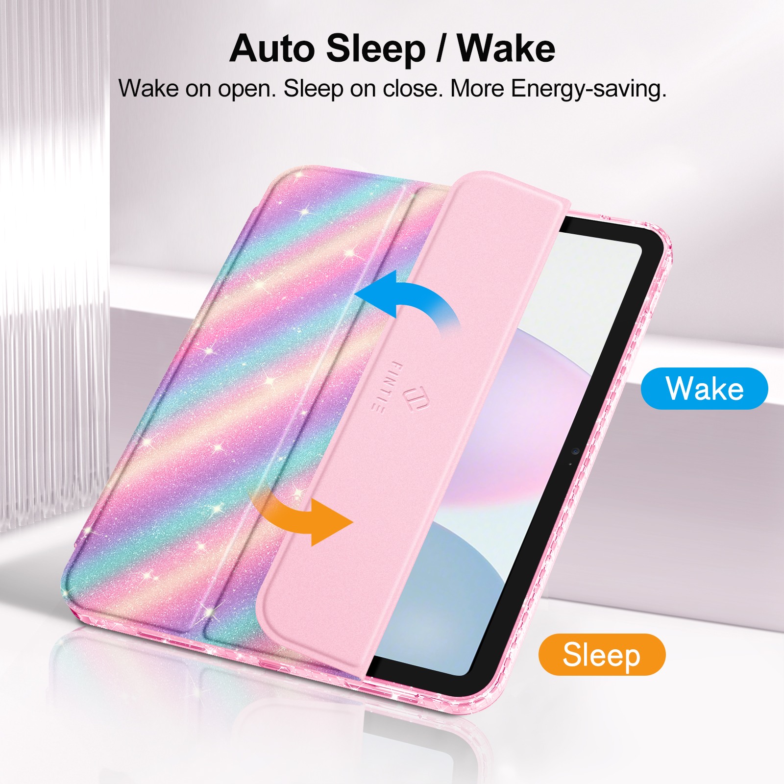 Geöffnete rosa Tablethülle, die den Bildschirm freigibt. Ein blauer Pfeil zeigt die Open/Wake-Funktion, ein orangefarbener Pfeil die Close/Sleep-Funktion.