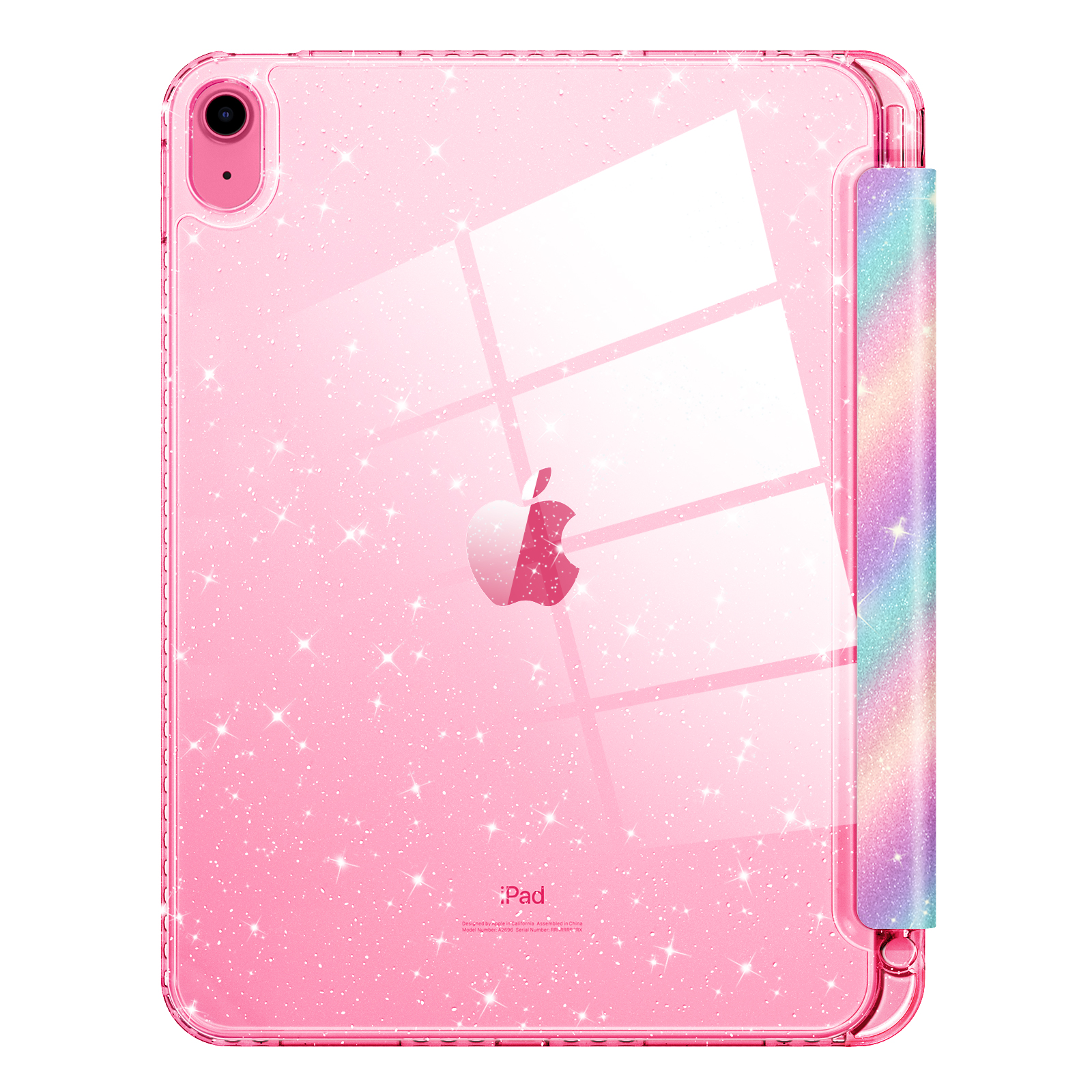 Rosa Glitzer-iPad-Hülle. Die Hülle hat eine transparente Rückseite und eine rosa Abdeckung mit Glitzer und Apple-Logo.