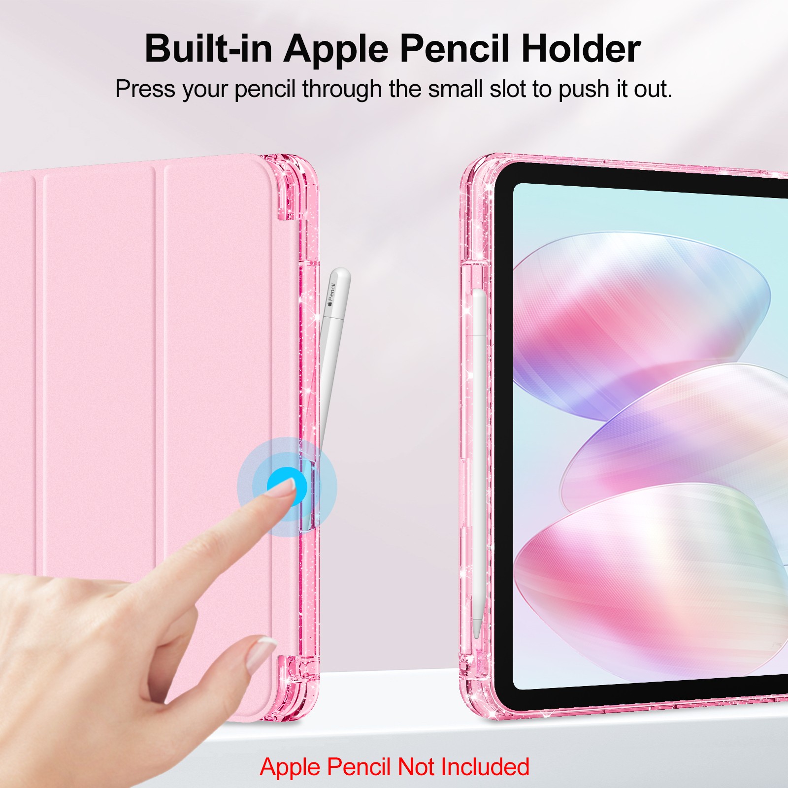 Rosa iPad-Hülle mit Stifthalter und einer Hand, die den Stift herausdrückt. Das iPad zeigt eine Straße.