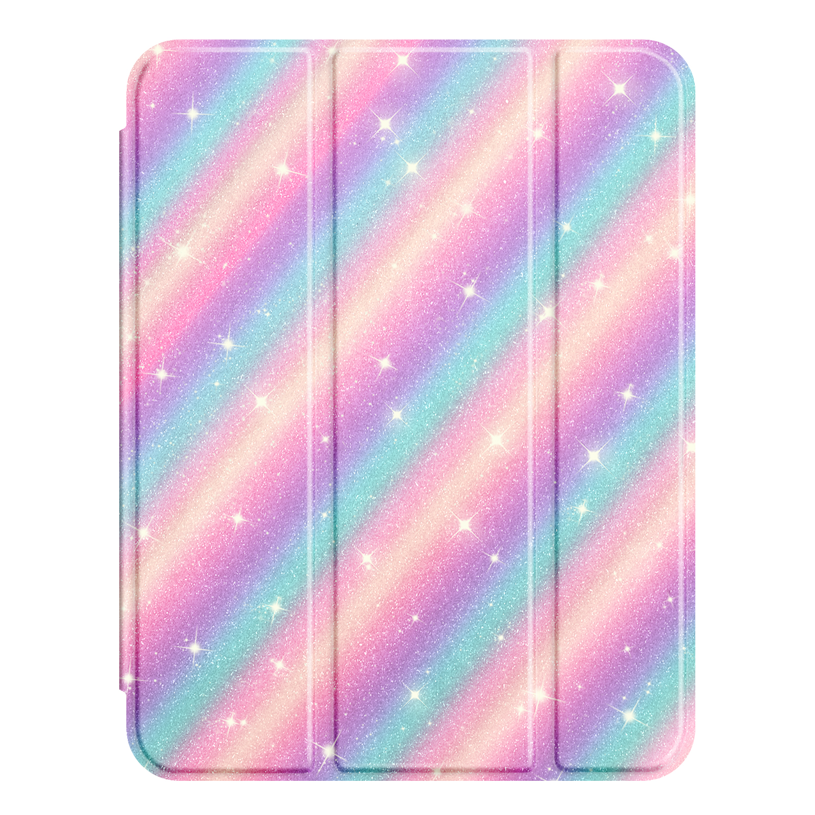 Glitzernde, mehrfarbige iPad-Hülle. Die Hülle hat ein Regenbogenmuster und Sterne. Sie ist geschlossen.
