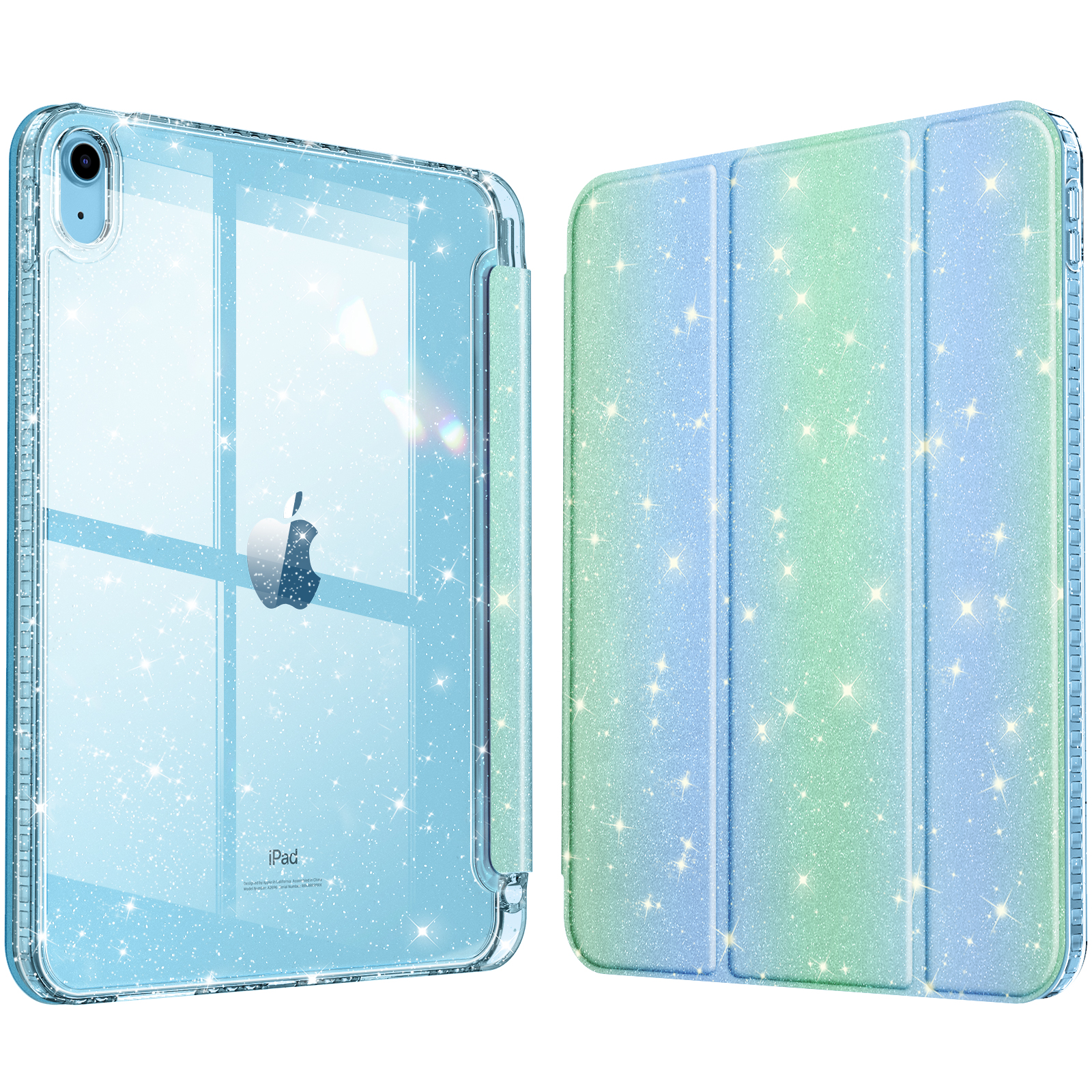 Blaue Glitzer-iPad-Hülle und iPad. Die Hülle hat eine transparente Rückseite und Glitzer mit Farbverlauf.