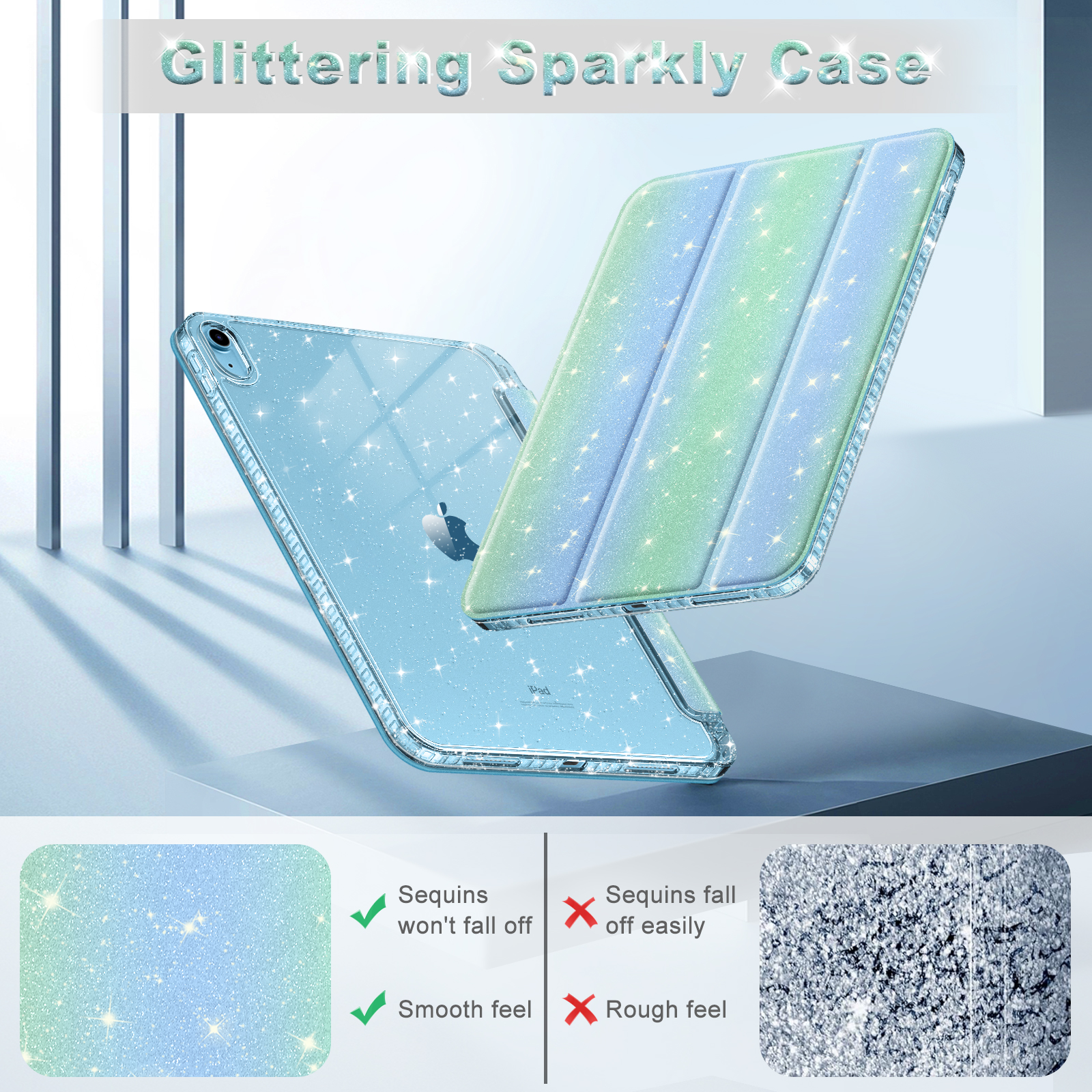 Tablethülle mit glitzerndem Design. Text: Glittering Sparkly Case. Zeigt, dass Pailletten abfallen und sich glatt anfühlen.